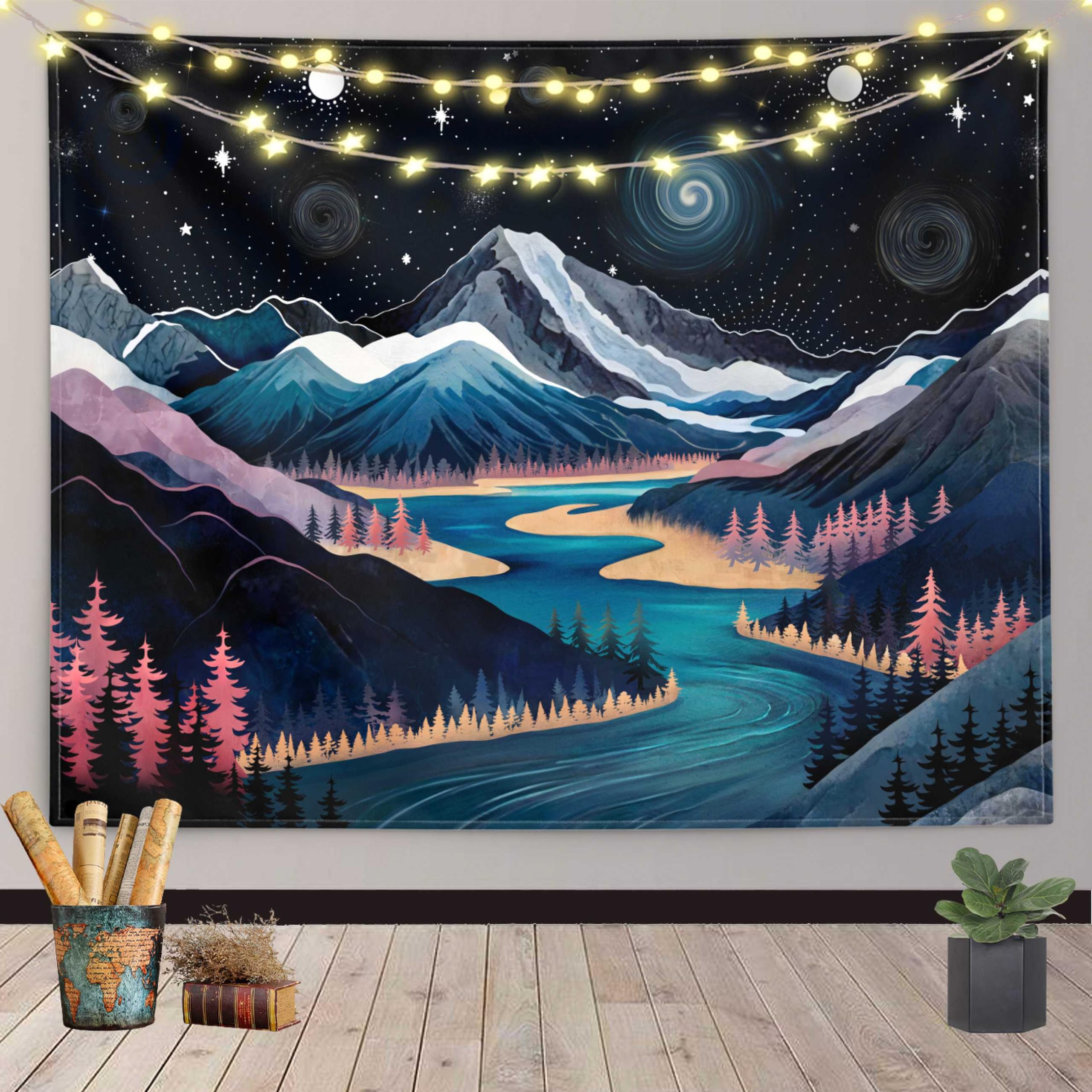 Accnicc Mountain Tapestry Forest Tree Tapestry for Bedroom Aesthetic Starry Night Moon Stars Tapestrys Wall Hanging for Room