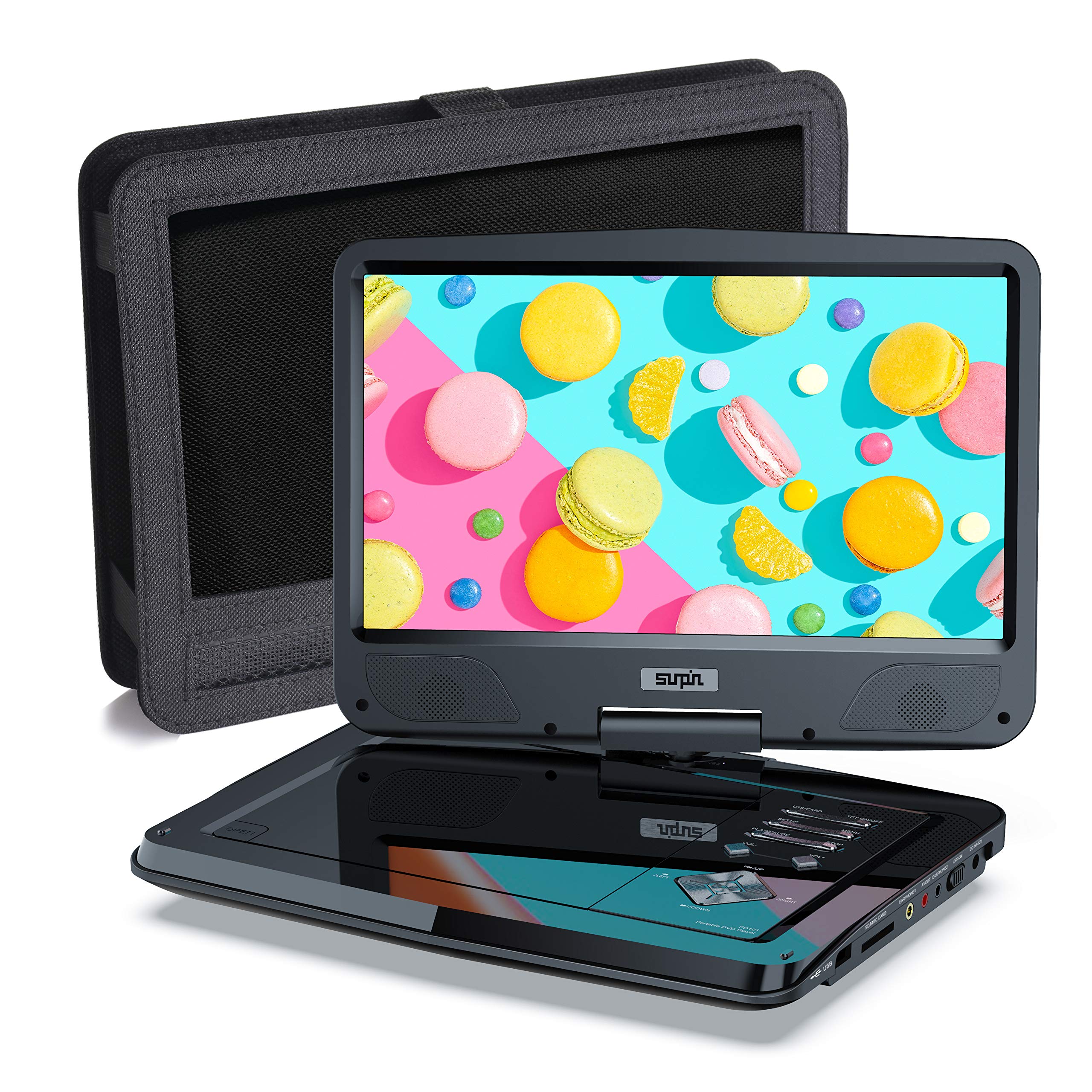 SUNPIN Portable DVD Player with 10.5 Inch HD Swivel Screen, Stereo Speaker & Dual Headphone Jack, Support Sync TV/USB/SD Card, Car Headrest Mount, Black