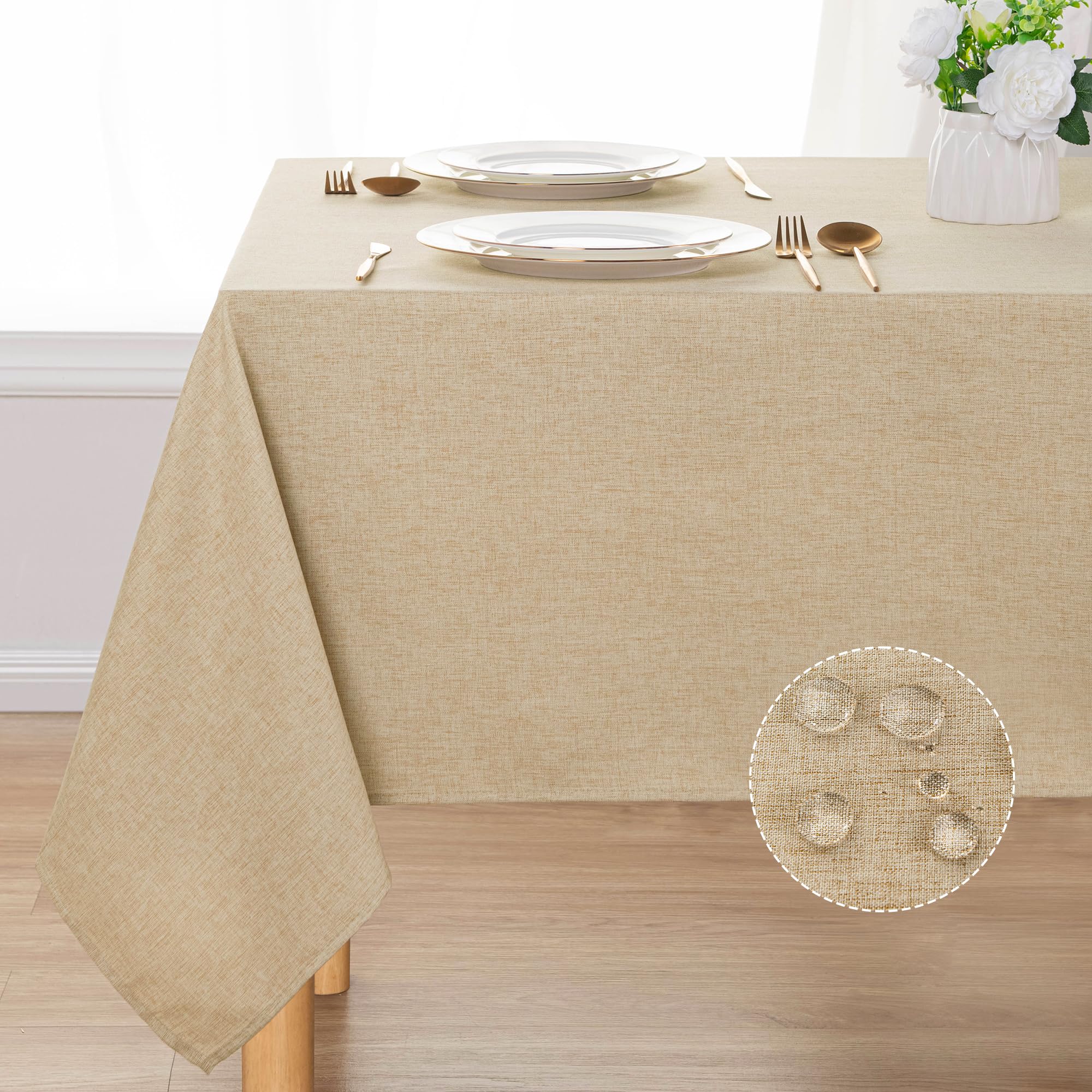 DWCNRectangle Faux Linen Tablecloth - Textured Waterproof Spill-Proof Wrinkle and Stain Resistant Table Cloth Decorative Fabric Farmhouse Table Cover for Kitchen Dining Party, 52 x 70 Inch, Beige