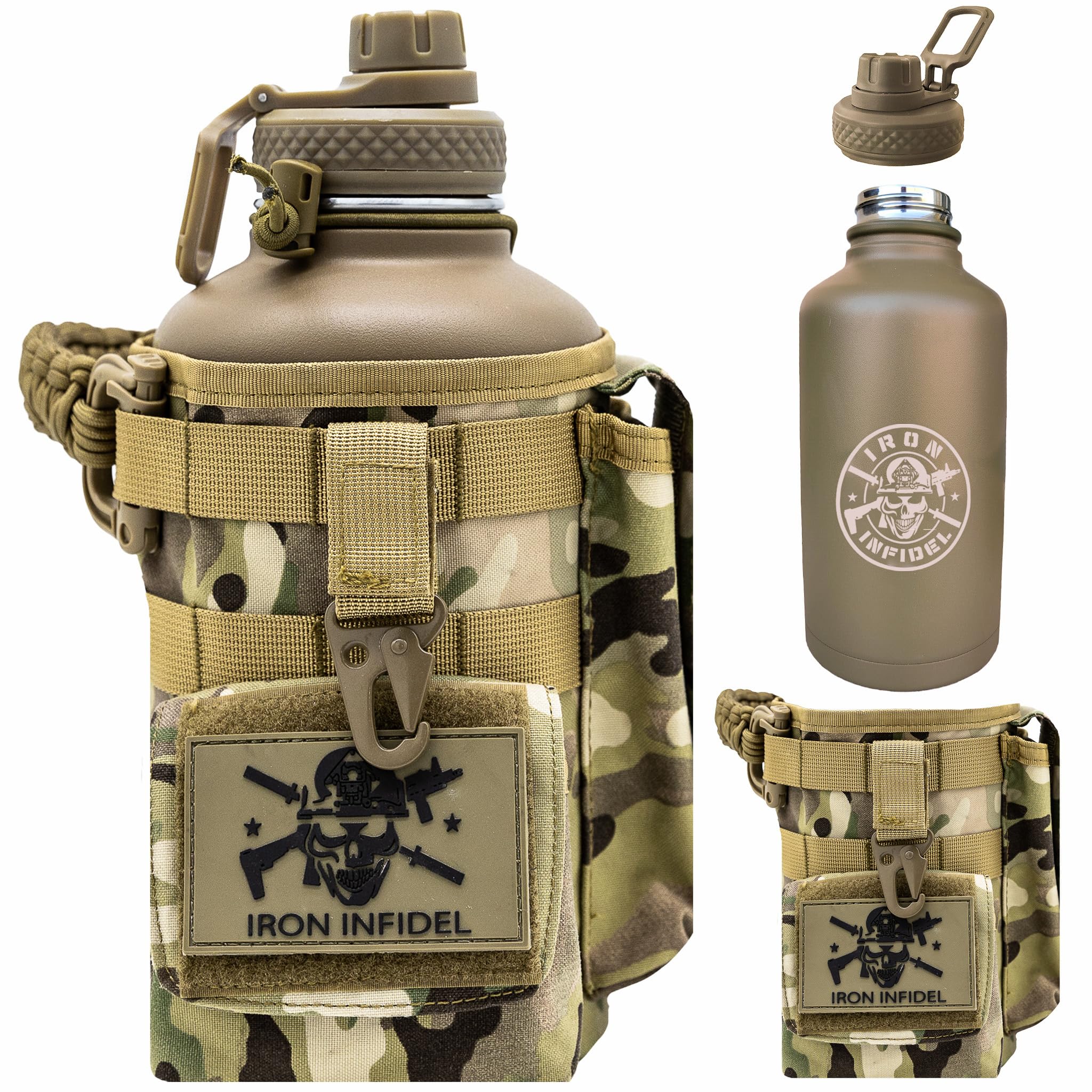 Iron Infidel Battle Bottle - Half Gallon Insulated Water Bottle with Paracord Handle - Large 64 oz Stainless Steel Water Jug & Rugged, Removable Sleeve For Keys, Wallet, Phone (OCP Camo 2 Liter)