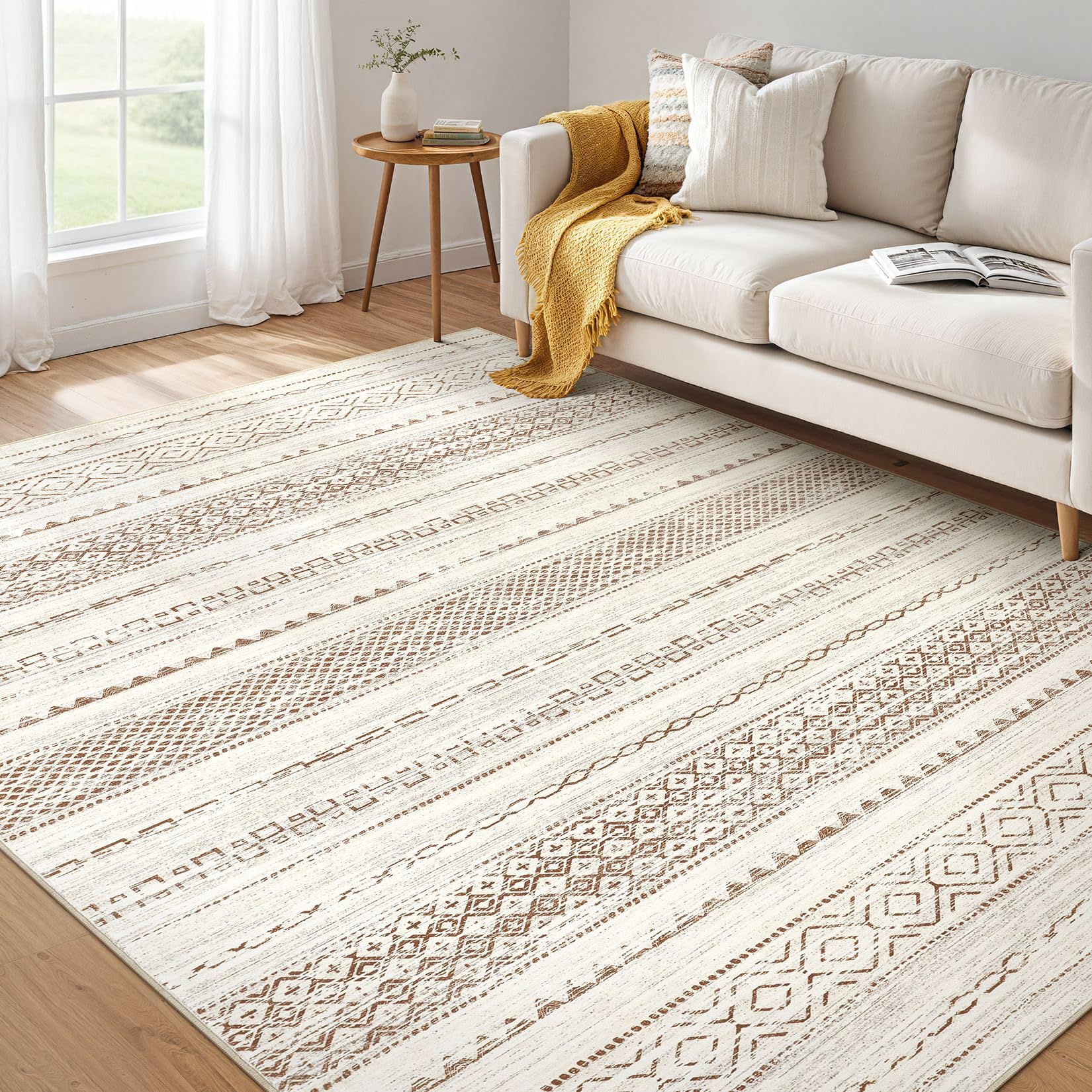 Area Rug Living Room Rugs: 5x7 Large Soft Machine Washable Boho Moroccan Farmhouse Neutral Stain Resistant Indoor Floor Rug Carpet for Bedroom Nursery Dorm Classroom Playroom Dining Room- Brown