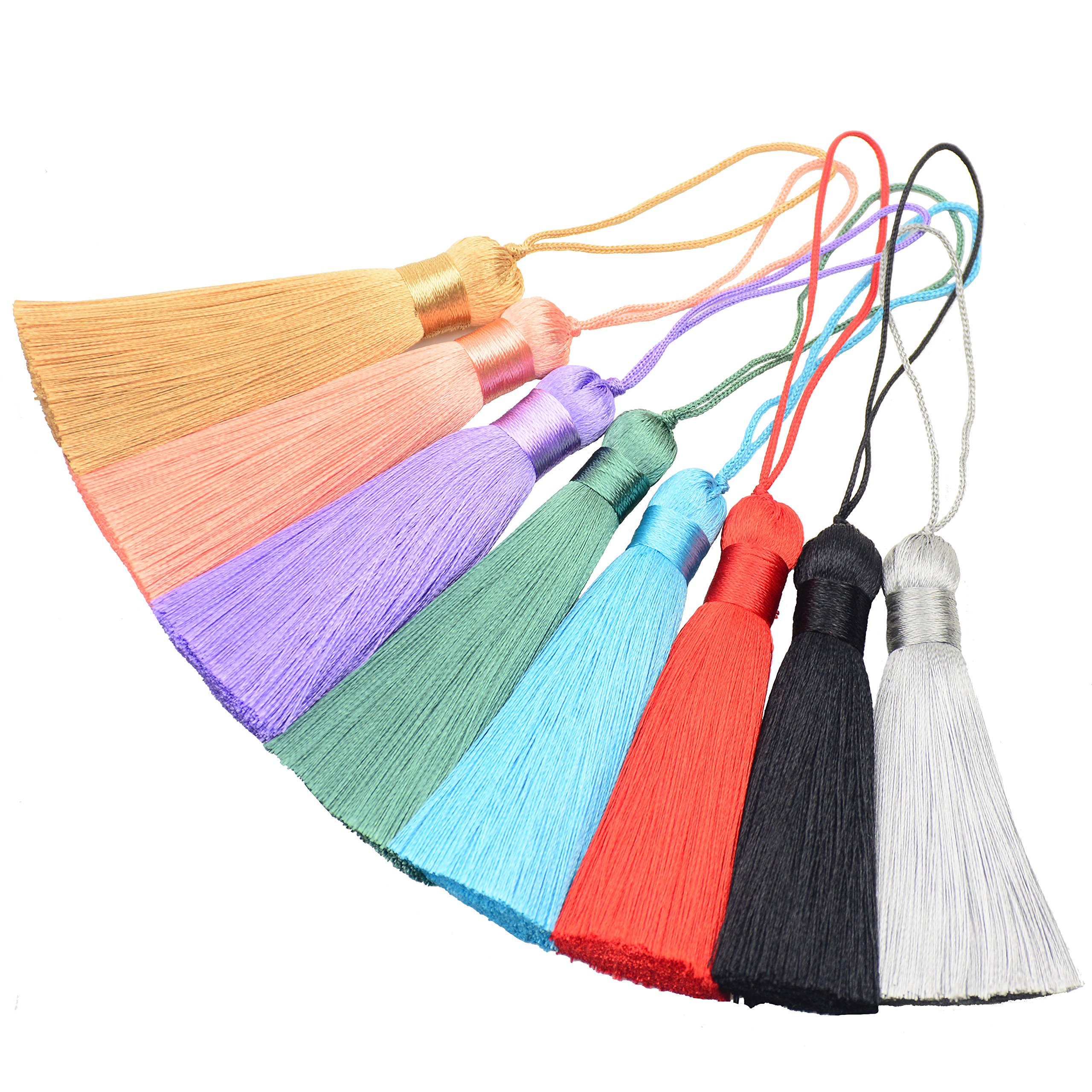 Makhry 8pcs 16cm/6.28 inches Cute Chunky Tassels Soft Elegant Handmade Silky Floss Tassels with 2.75 Inch Cord Loop and Chinese Knot for Woman Earrings, Jewelry Making, Souvenir