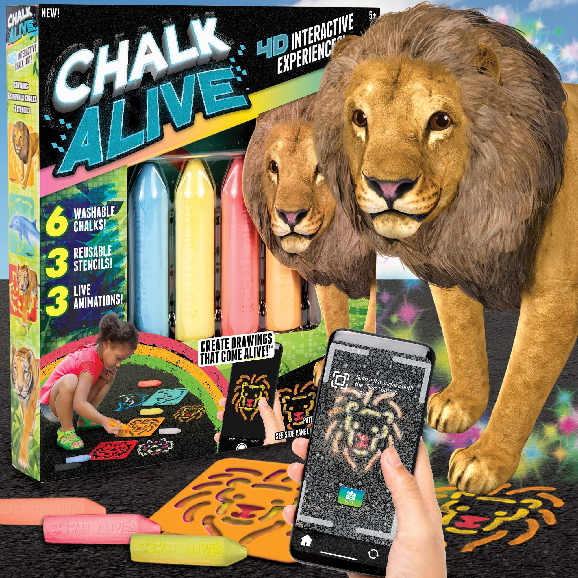 Chalk Alive by Horizon Group USA, Augmented Reality Chalk Art, Watch A Lion, Tiger & Dolphin Come Alive, Includes 6 Interactive Chalks, 3 Reusable Stencils