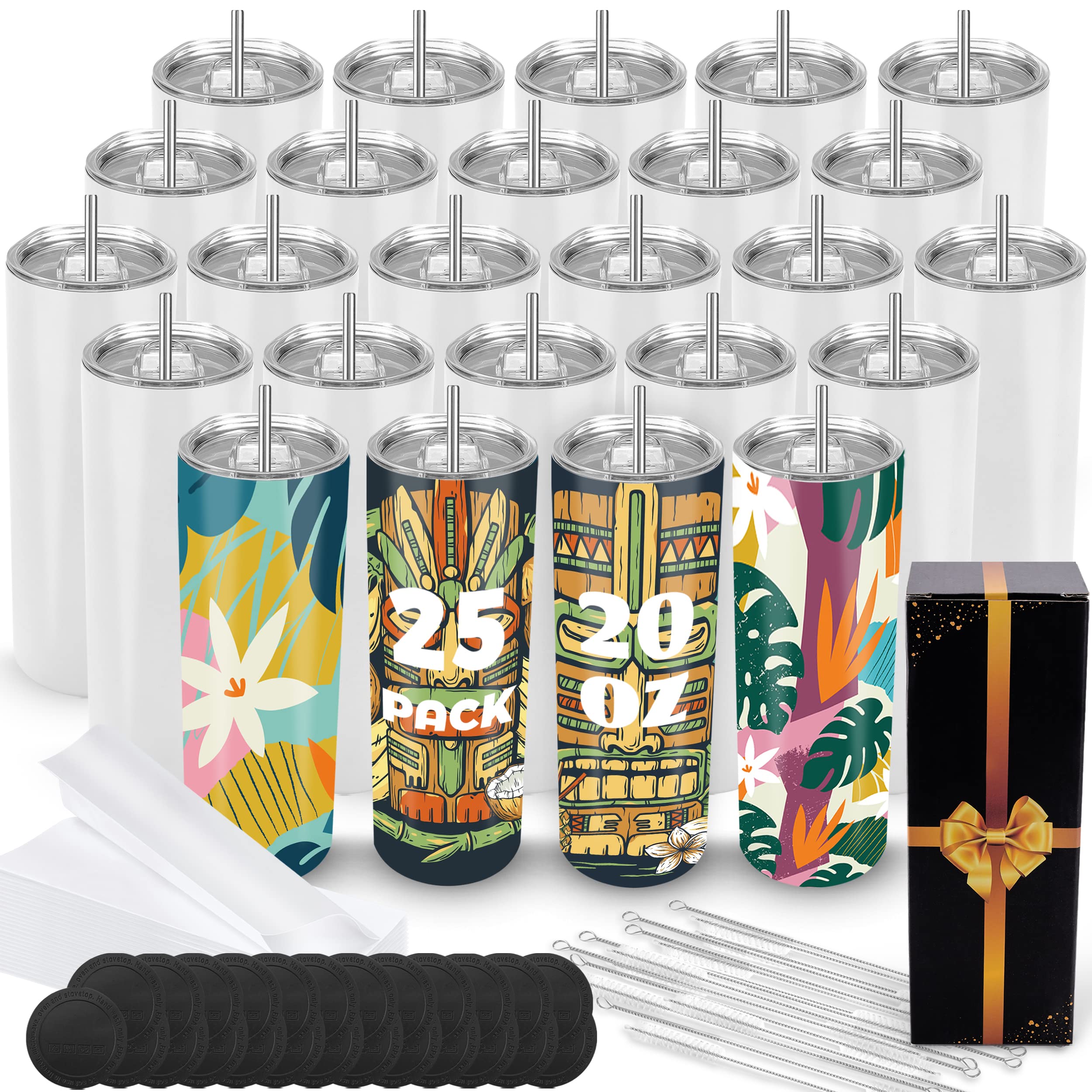 Joyclub 25 Pack Sublimation Tumblers Blank 20 oz Straight Skinny bulk for Heat transfer, Double Wall Insulated Tumbler with Lids, Straw, Rubber Bottoms, Individually Gift Boxed and Shrink Wrap Films