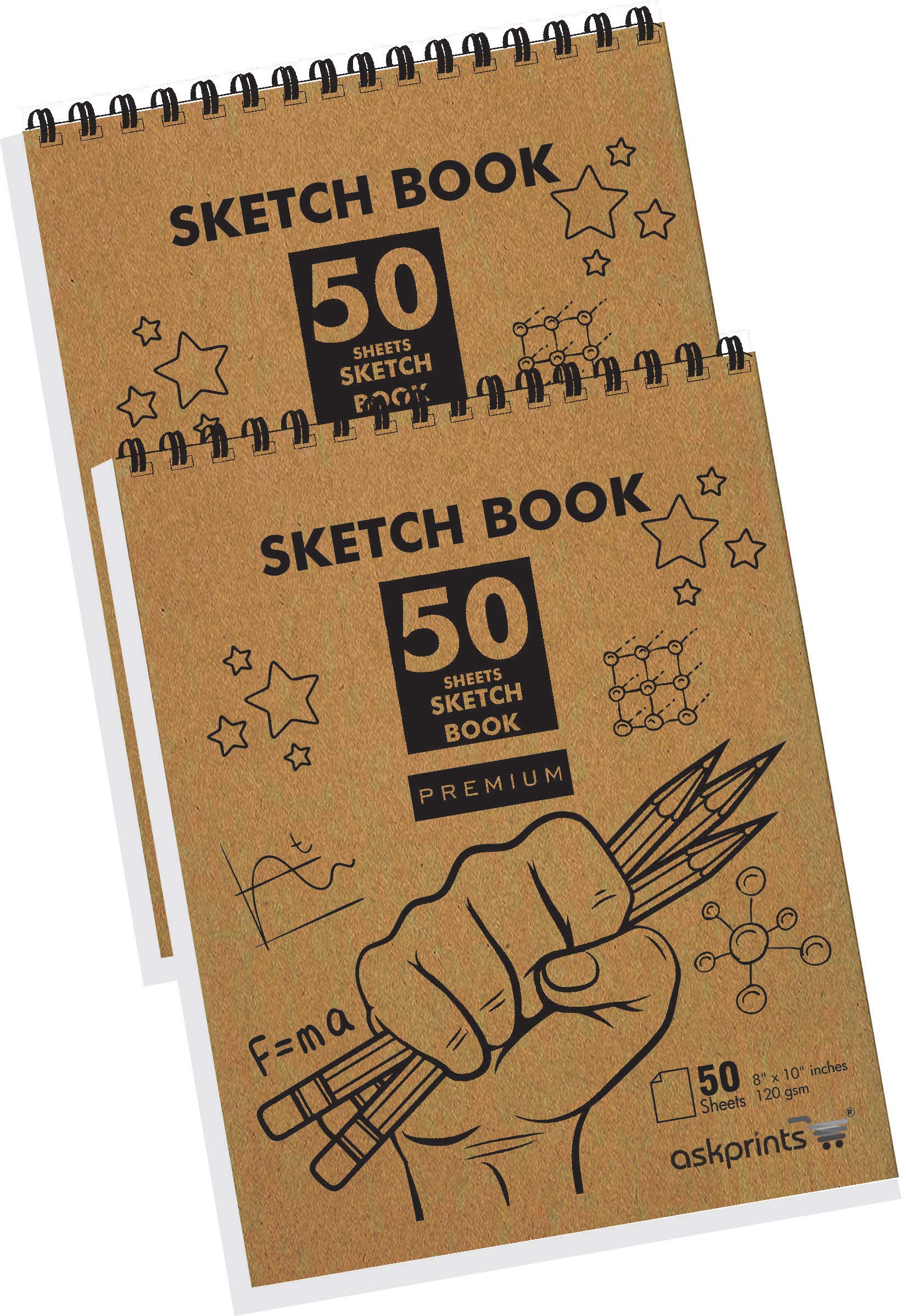 Askprints 50 Sheet Kraft Cover Sketchbook (Set of 2) - Size 8 x 10 Inch | Top Spiral-Bound Sketchpad for Artists | Sketching and Drawing Acid Free Paper, for Doodling