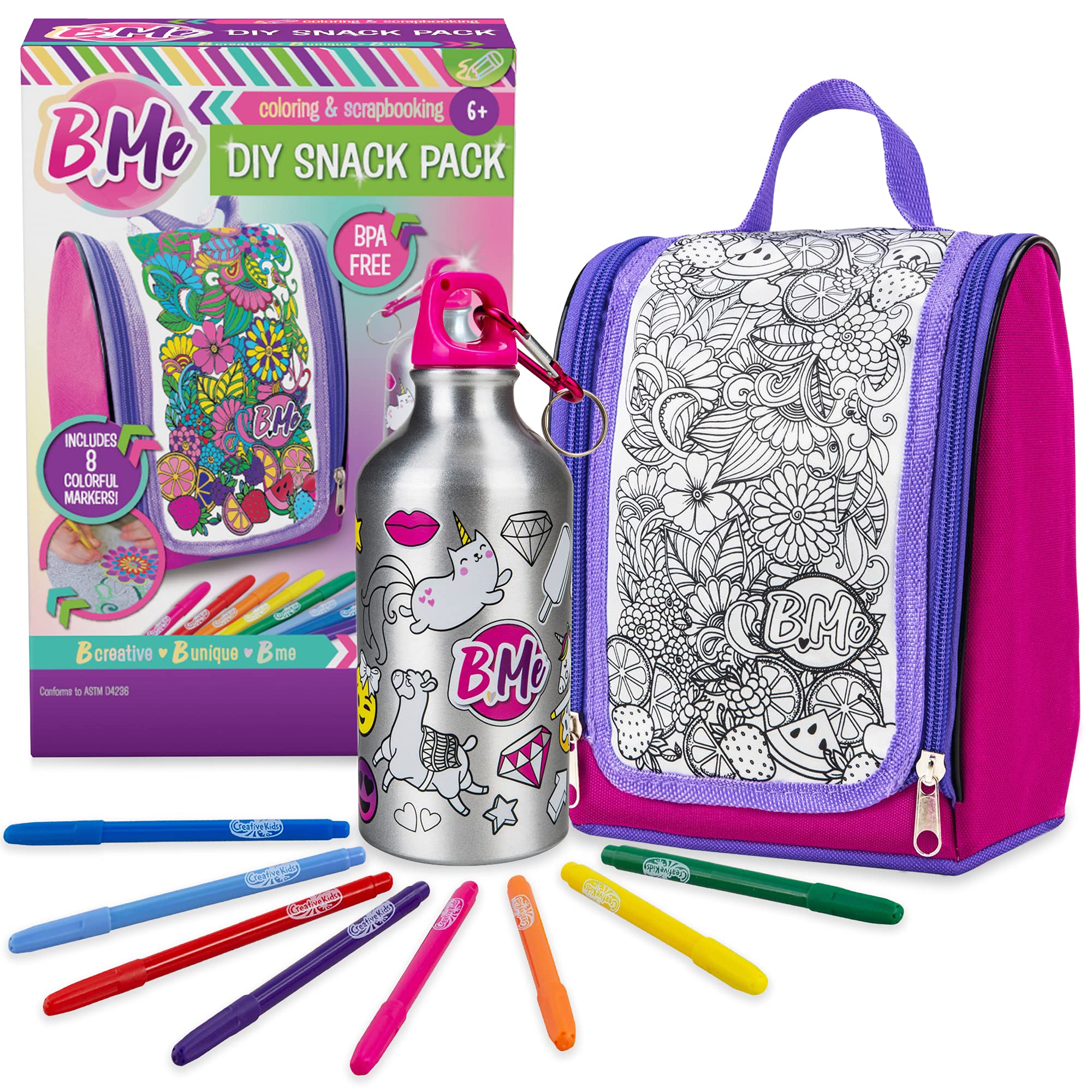 B Me DIY Snack Pack | Color Your Own Bag & Decorate Your Own Water Bottle For Girls w/ 8 Coloring Markers | Arts and Crafts Bag Kids Color Your Own Activities | Holiday Birthday Gifts For Girls Age 6+