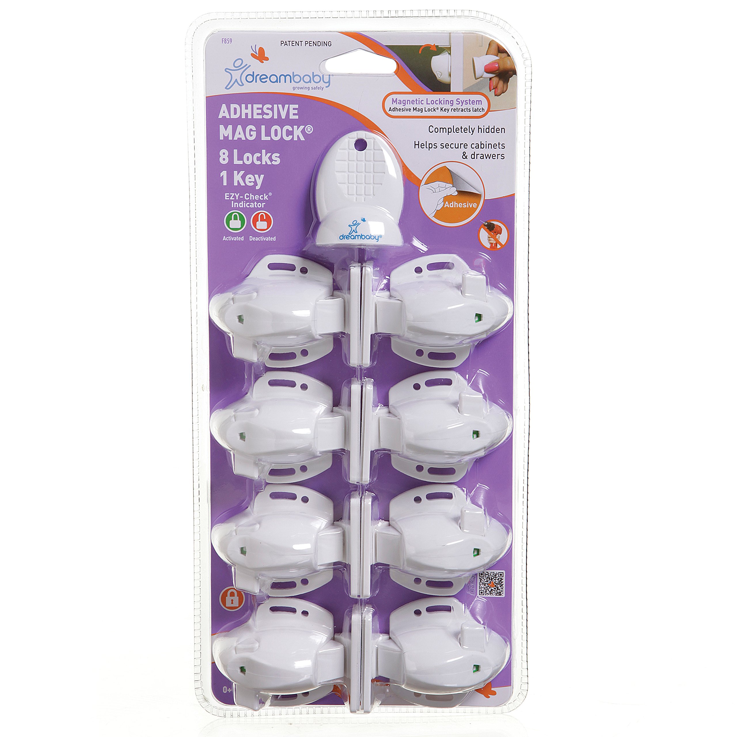 DreambabyAdhesive Mag locks (8-Pack 1 Key) - Child Proofing Cabinet Magnetic Latches - White- Model L859