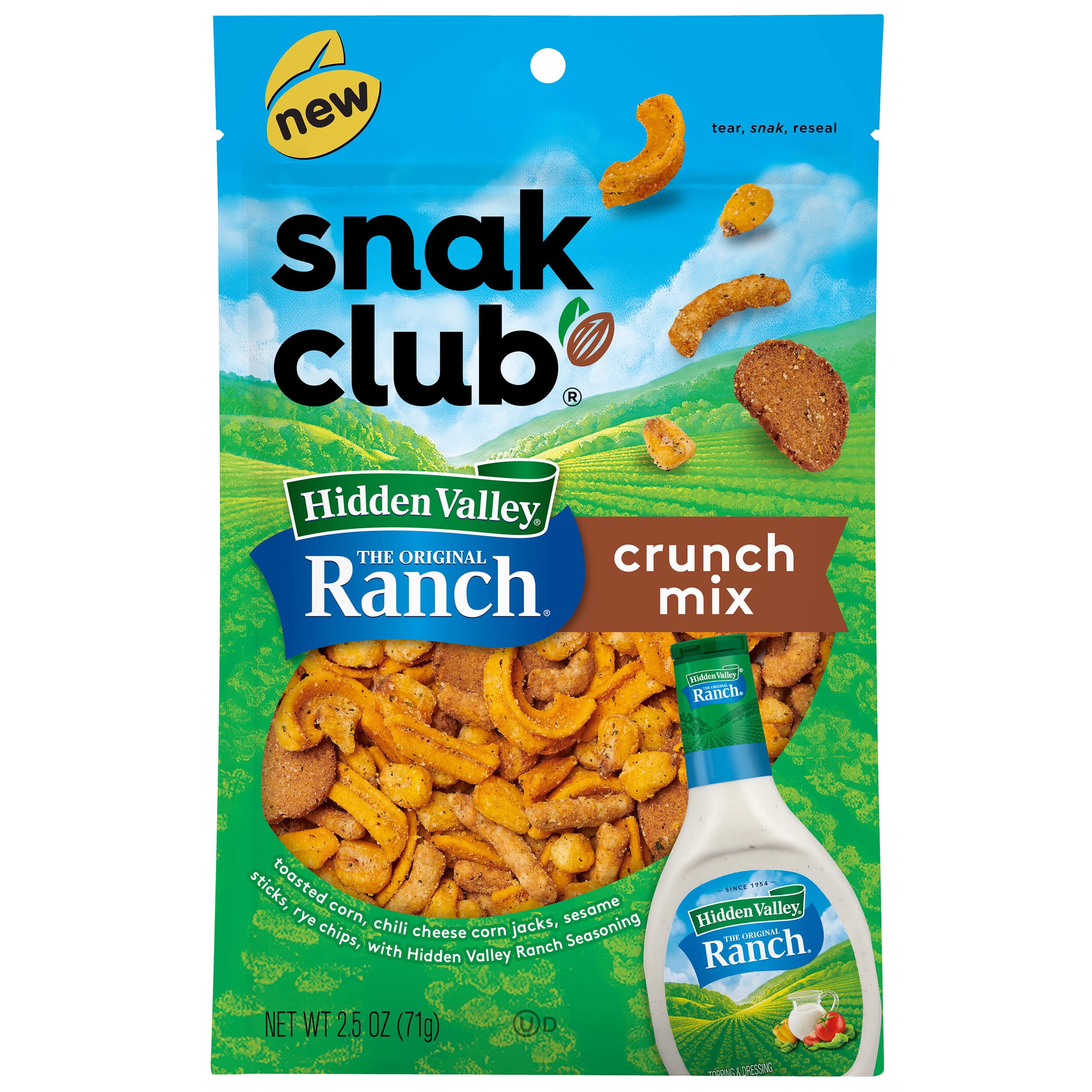 Snak ClubCrunch Mix with Hidden Valley Ranch Seasoning, Toasted Corn, Chili Cheese Corn Jacks, Sesame Sticks, and Rye Chips, Kosher Snack, 2.5 oz Snack Bags, 6 Pack