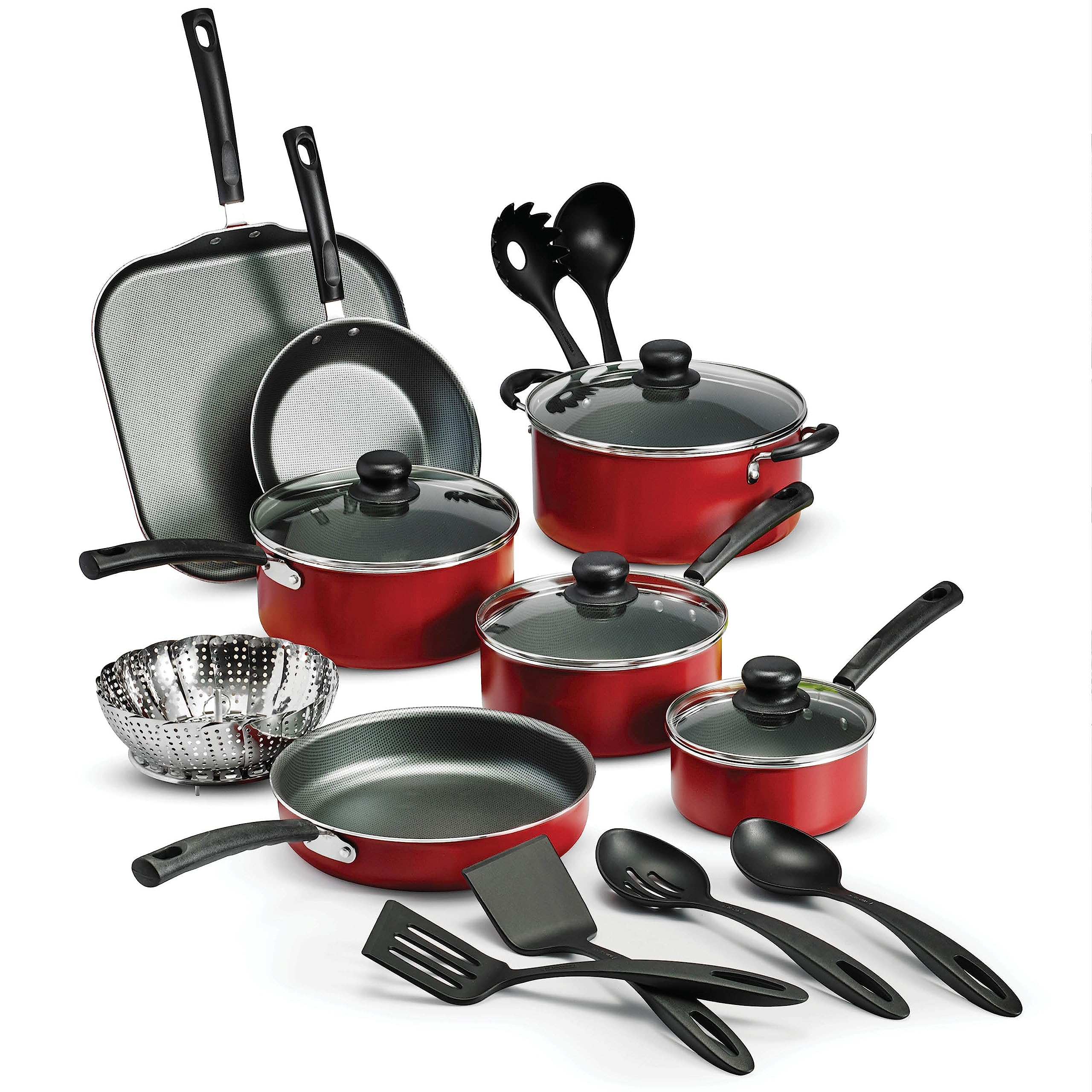 Tramontina 18 Piece Nonstick Cookware Set - Red - Aluminum Construction, Dishwasher Safe, Compatible with Gas, Electric, Ceramic Cooktops - Includes Sauté Pans, Griddle, Dutch Oven, Cooking Utensils