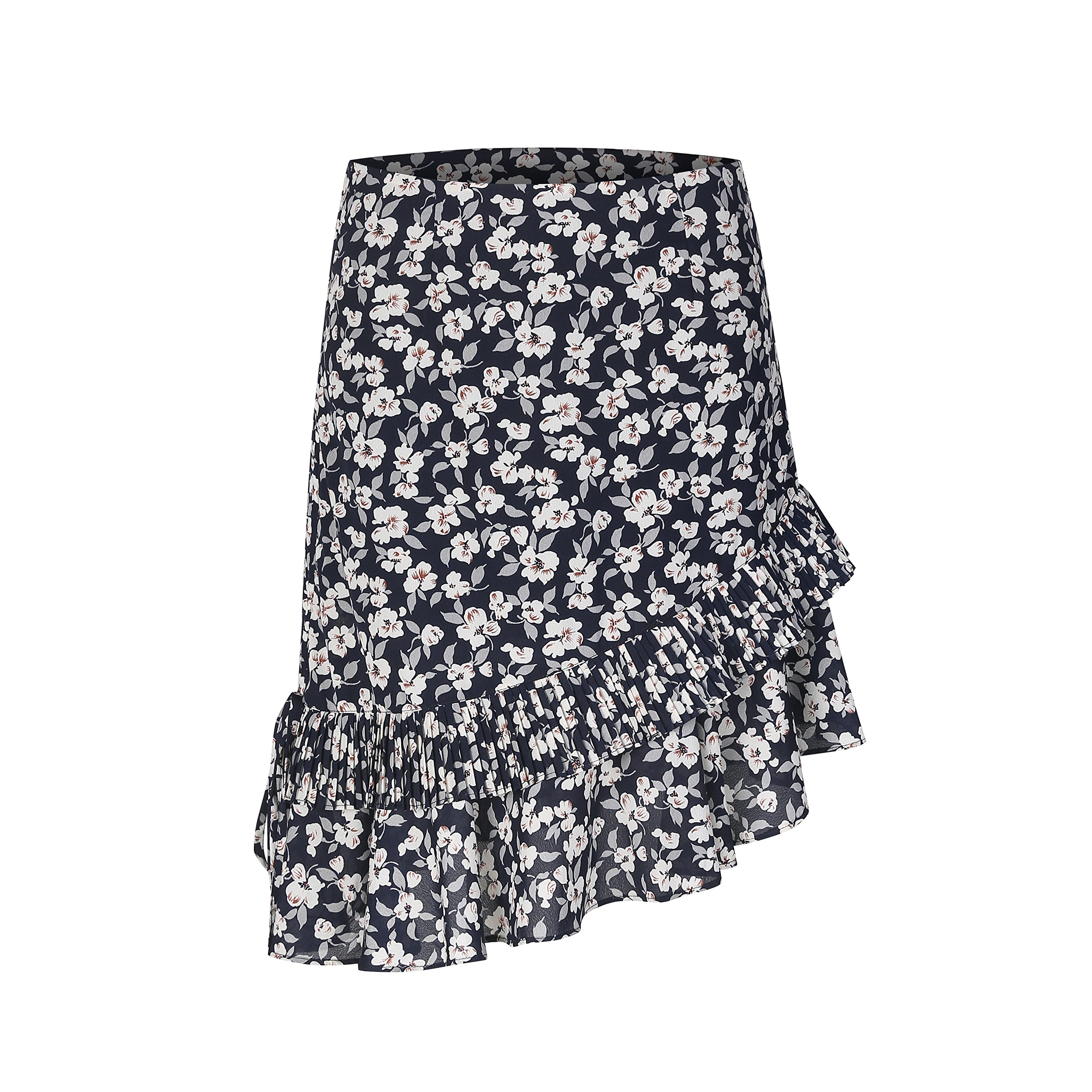 Womens A Line Chiffon Print Pleated Midi Skirt High and Low Hem