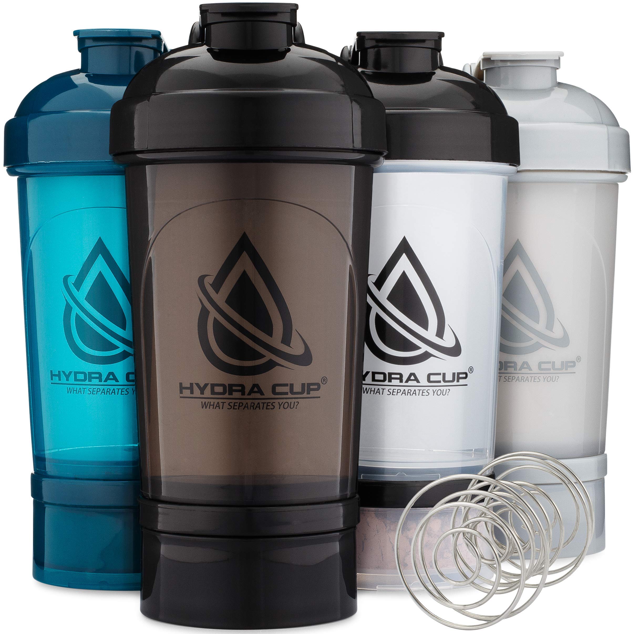 Hydra Cup[4 Pack] Shaker Bottle with Storage for Supplements, 22-Ounce Blender Cups with Wire Whisk (4)