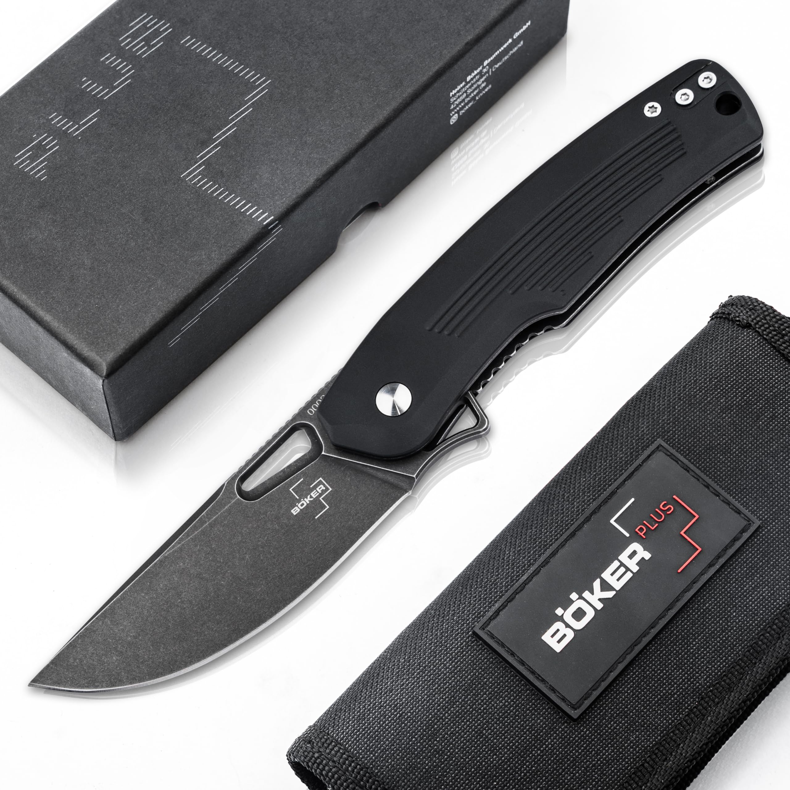 BÖKER PLUSNahal Flipper knife - military tactical knife with thumb hole - knife with black D2 blade - tactical folding knife with clip - noble EDC knife in case & gift box