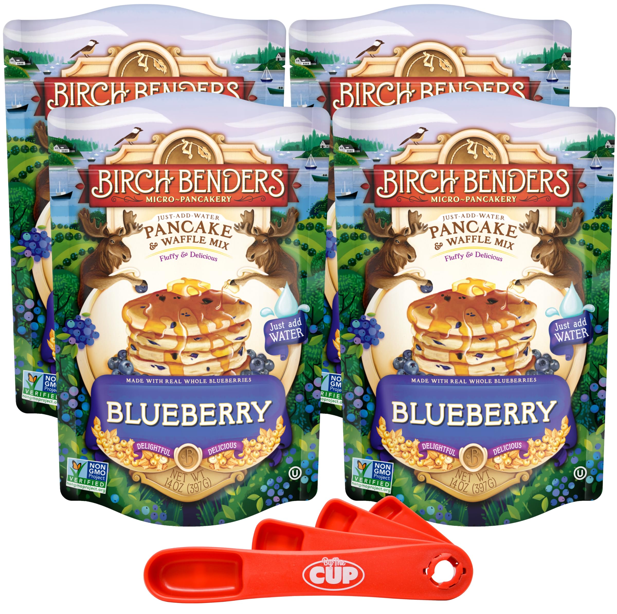 Birch Benders Blueberry Pancake and Waffle Mix, 14 oz (Pack of 4) with By The Cup Swivel Spoons