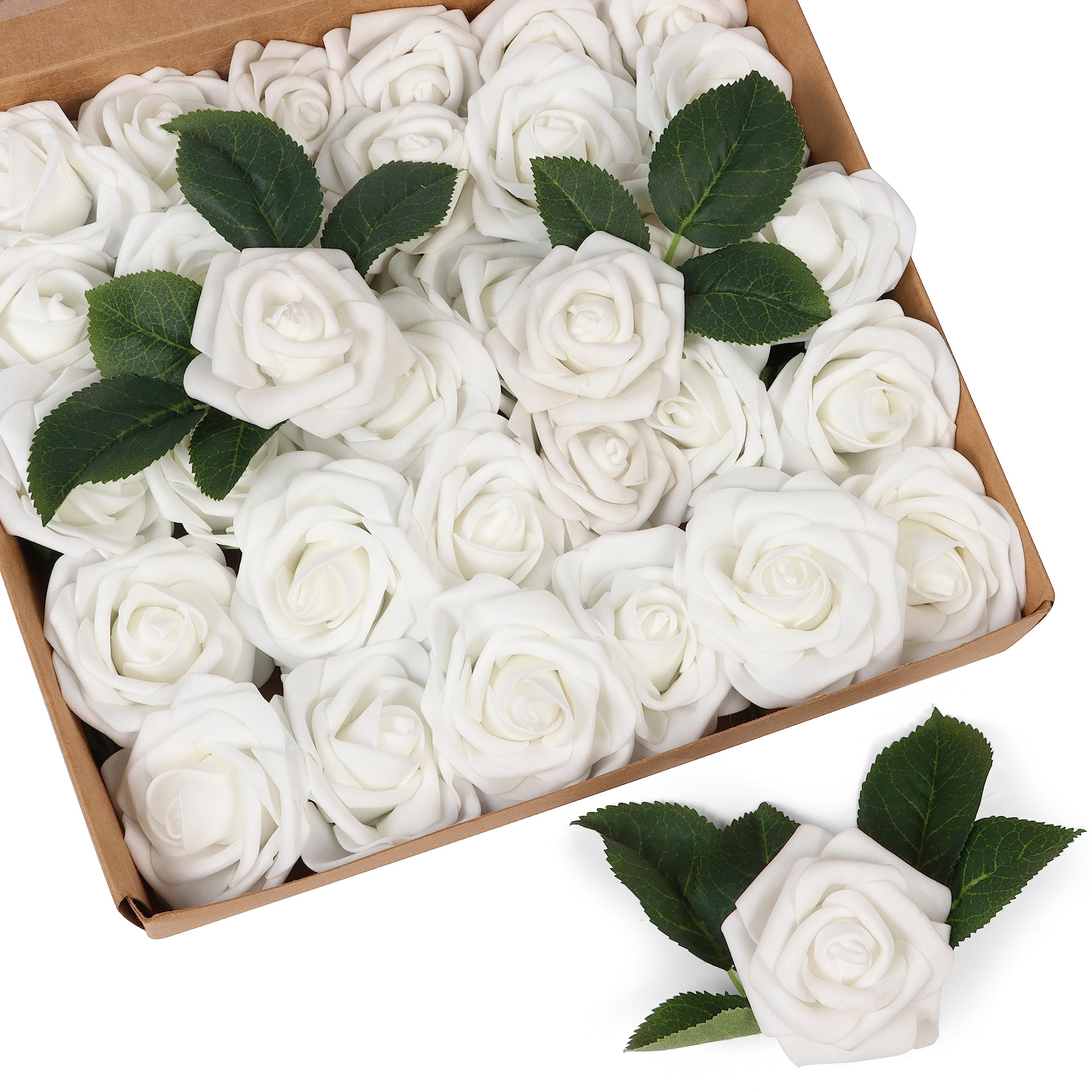 BELLE VOUS 50 Pack Fake Artificial White Foam Roses With Stem - 19cm/7.48 inches - Realistic Flowers - Home, Party & Wedding Decorations - For DIY, Bridal Shower Bouquets & Centrepieces/Arrangements