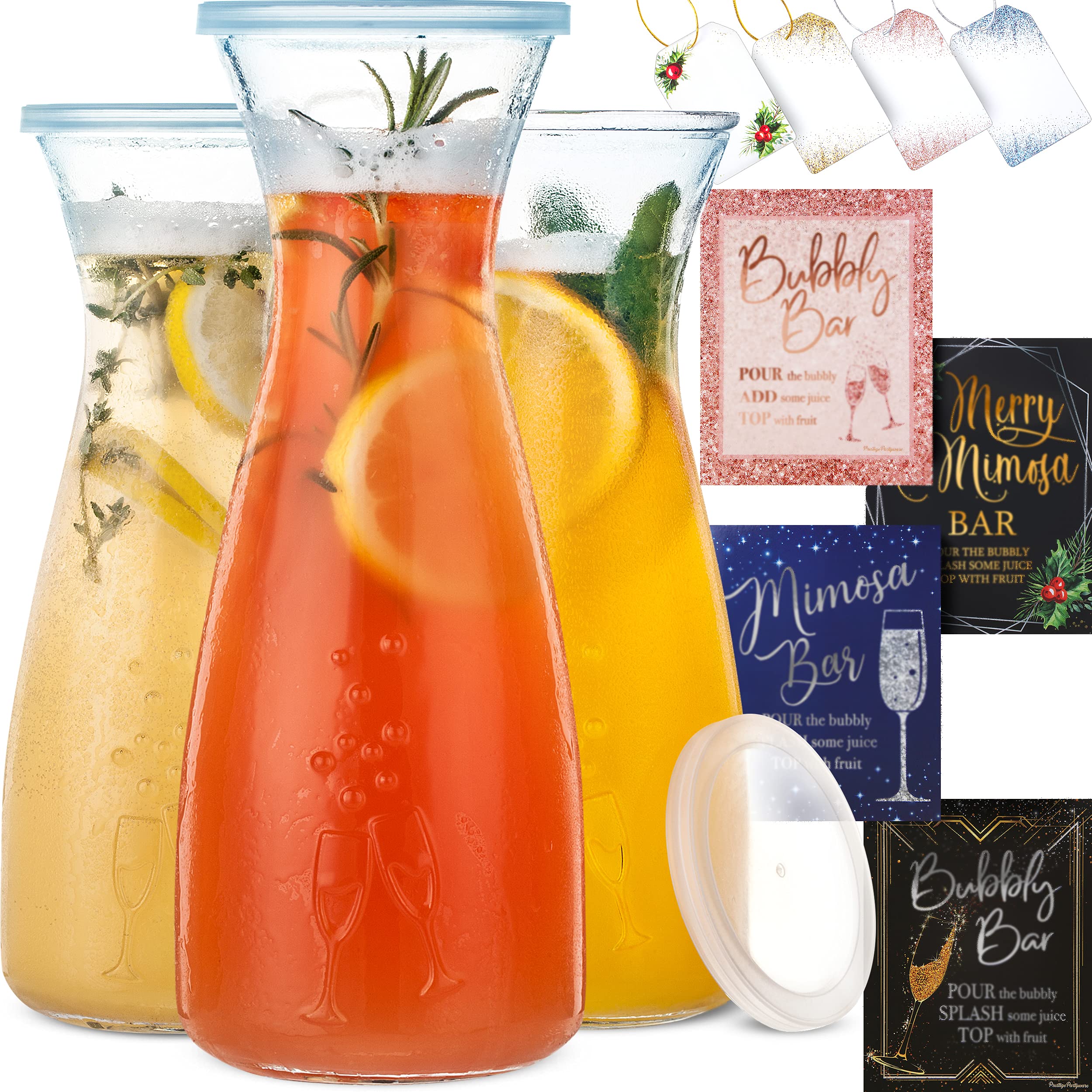 PRESTIGE Mimosa Bar Kit - Glass Carafe with Lids 27oz & Brunch Decor, Mimosa Pitcher w/Plastic Carafe Lid, Bubbly Juice Carafes for Mimosa Bar Supplies, Baby Bridal Shower (Mimosa Set (3 Carafes))