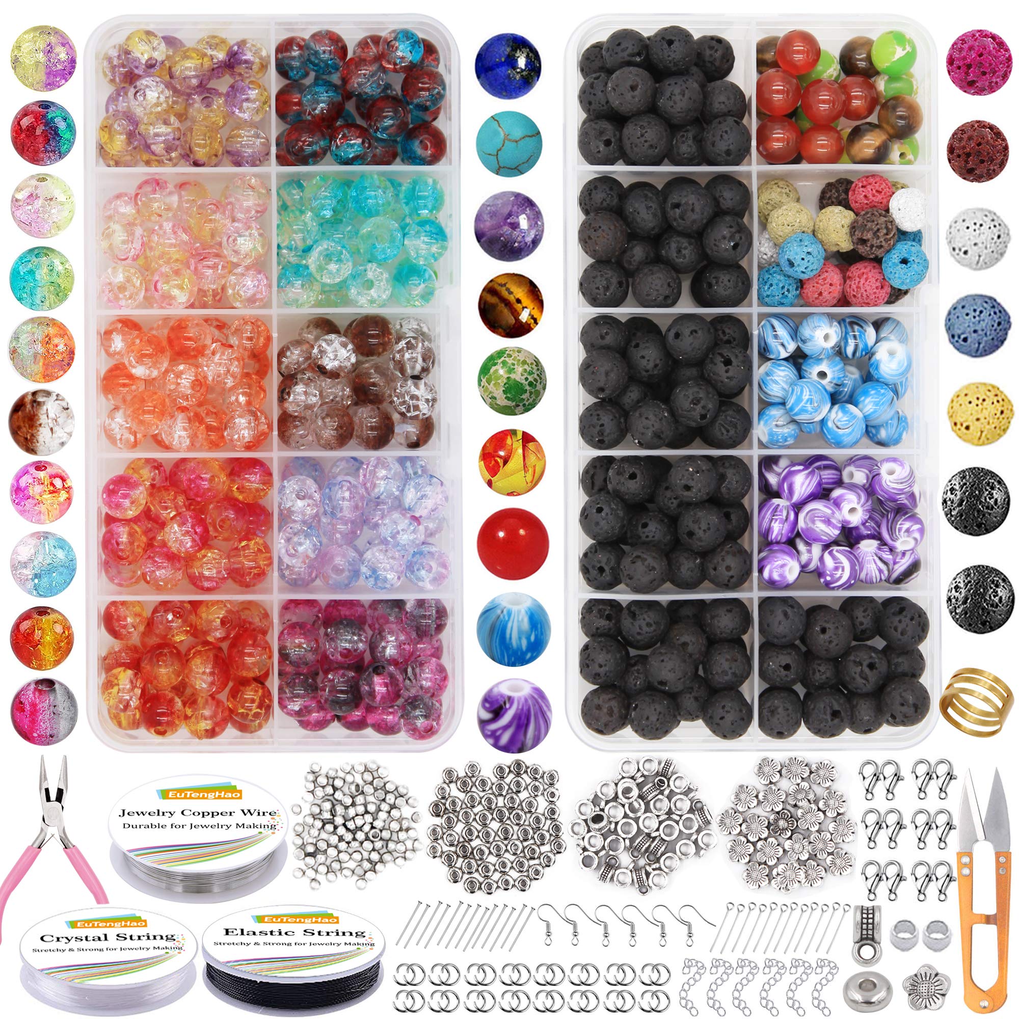 EuTengHao 877Pcs Lava Beads Stone Rock Beads Crackle Glass Beads with Chakra Beads Open Jump Ring Spacer Beads Bracelet String Cord for Diffuser Essential Oils Adult Jewelry Making Supplies