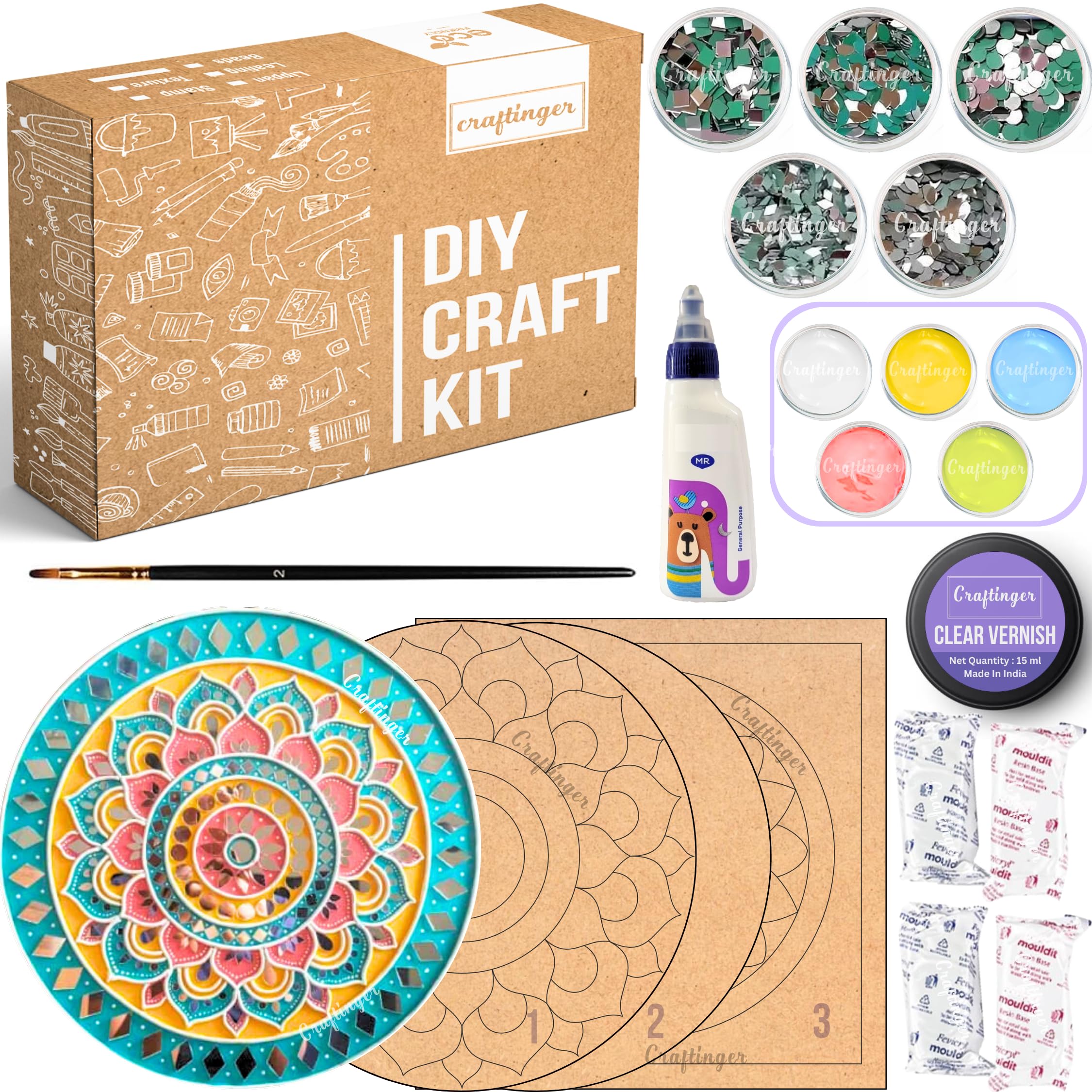 Craftinger Lippan Art Kit - Diy Decor With Pre-Marked Mdf Shapes, Acrylic Colors, And Mirrors, Multicolor