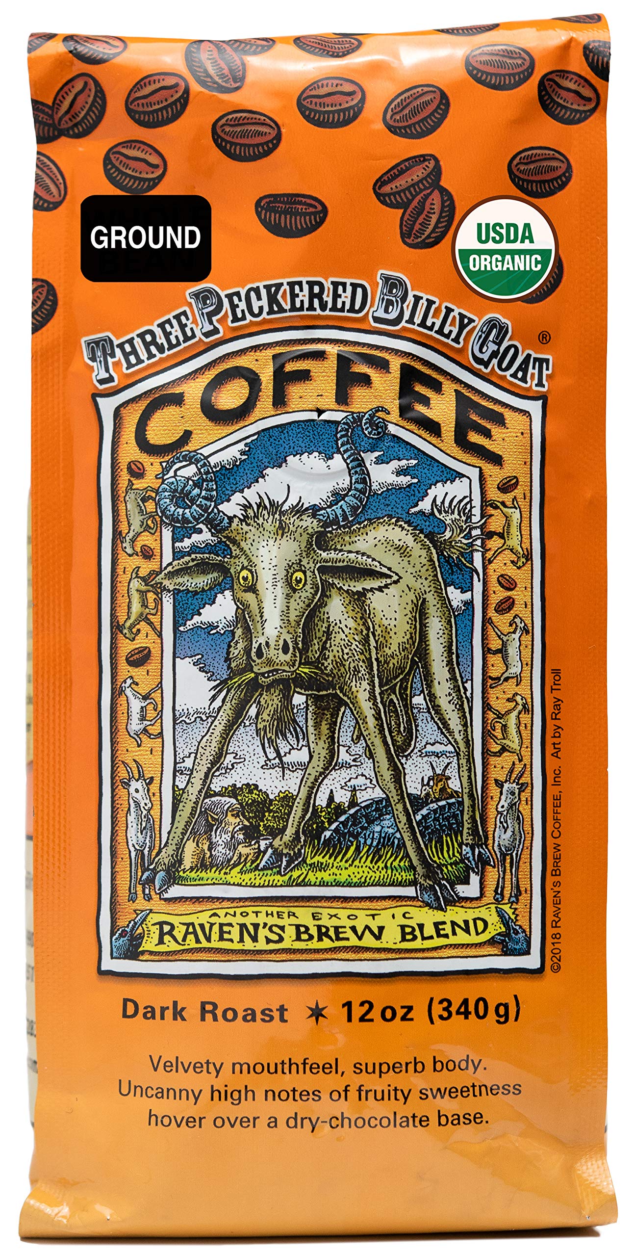 Raven's Brew CoffeeThree Peckered Billy Goat, 12 Ounce - Dark Roast - Full Body with a Long Sweet Finish (Organic Ground, 12 oz)