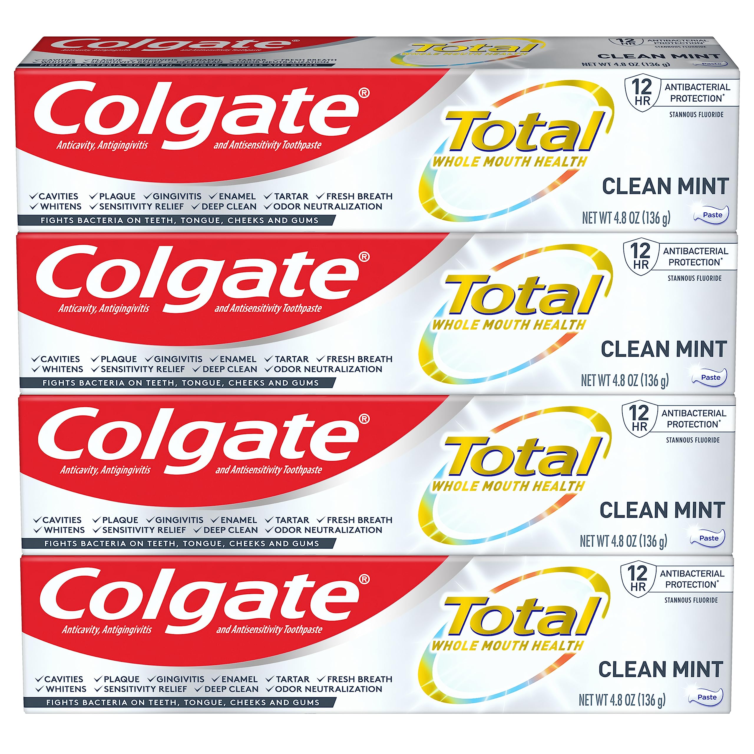 Colgate Total Toothpaste with Whitening, Clean Mint, 4.8 Ounce (Pack of 4)