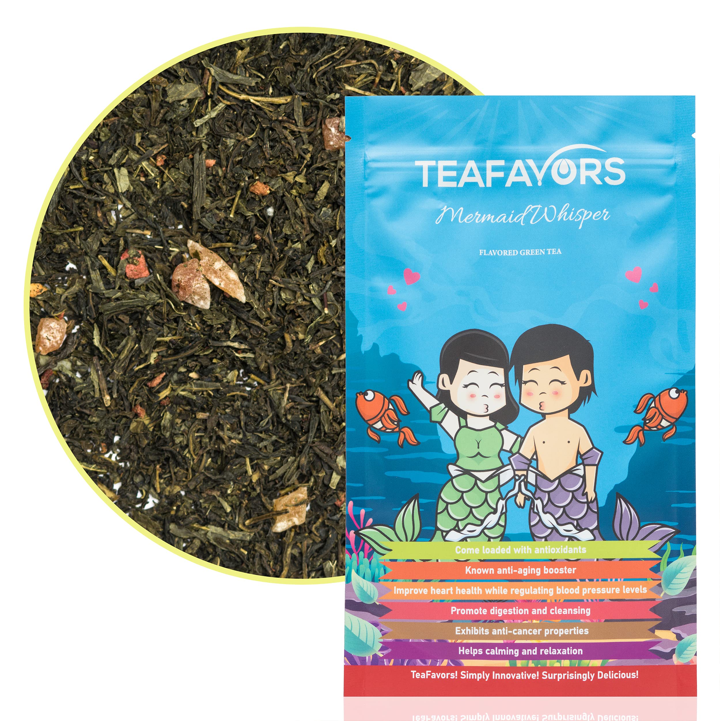 TeaFavors - Mermaid Whisper - Papaya and Strawberry Green Tea, Hot & Iced Tea, High Antioxidant levels, Low Caffeine, 50 Grams - 25 Cups of Premium Loose Leaf Tea, Natural Flavors(Organic Complaint) , Fruity Herbal Green Tea Blends, KOSHER CERTIFIED | VEGETARIAN | VEGAN