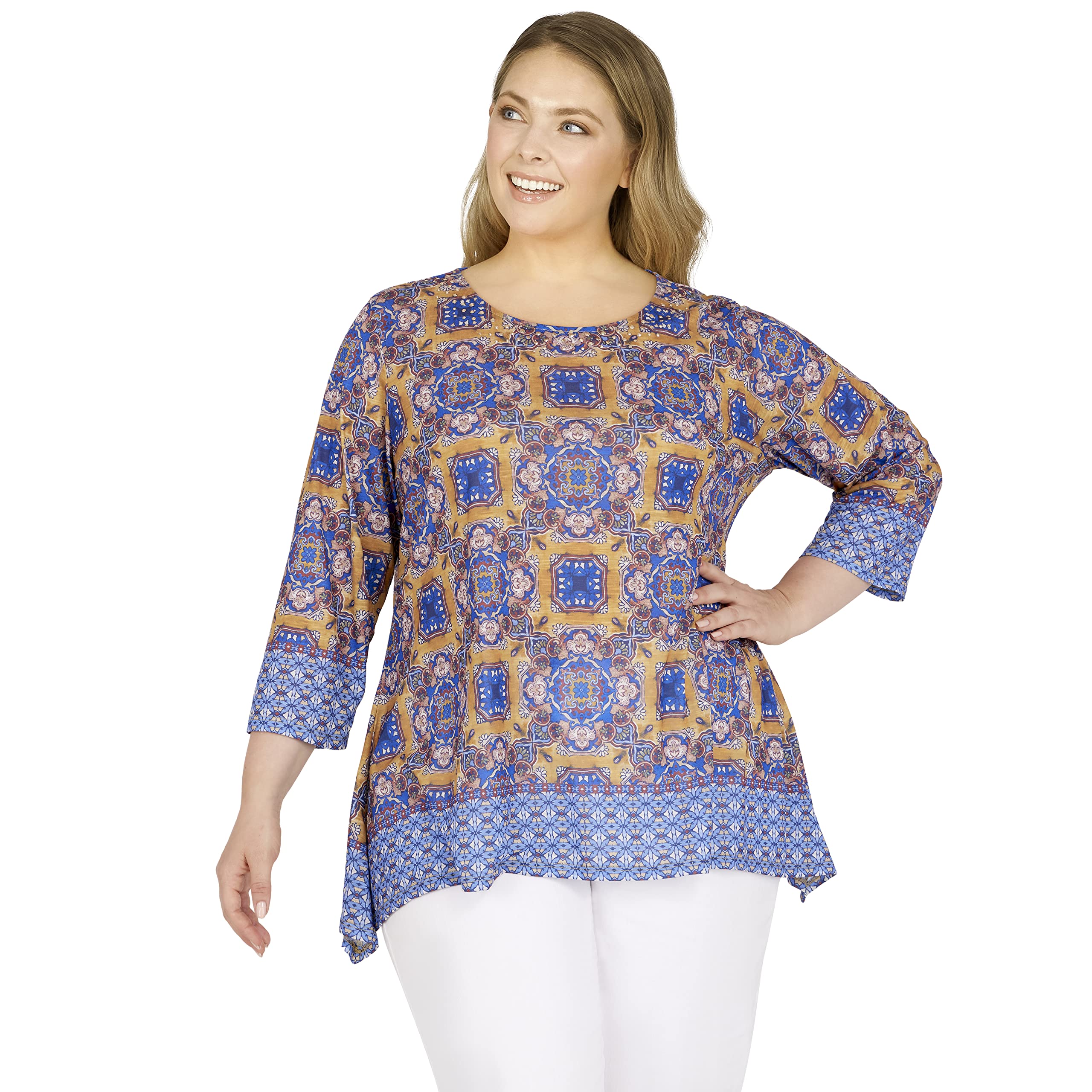 RUBY RD.Womens Womens Plus-Size Tile Border Sublimation Top