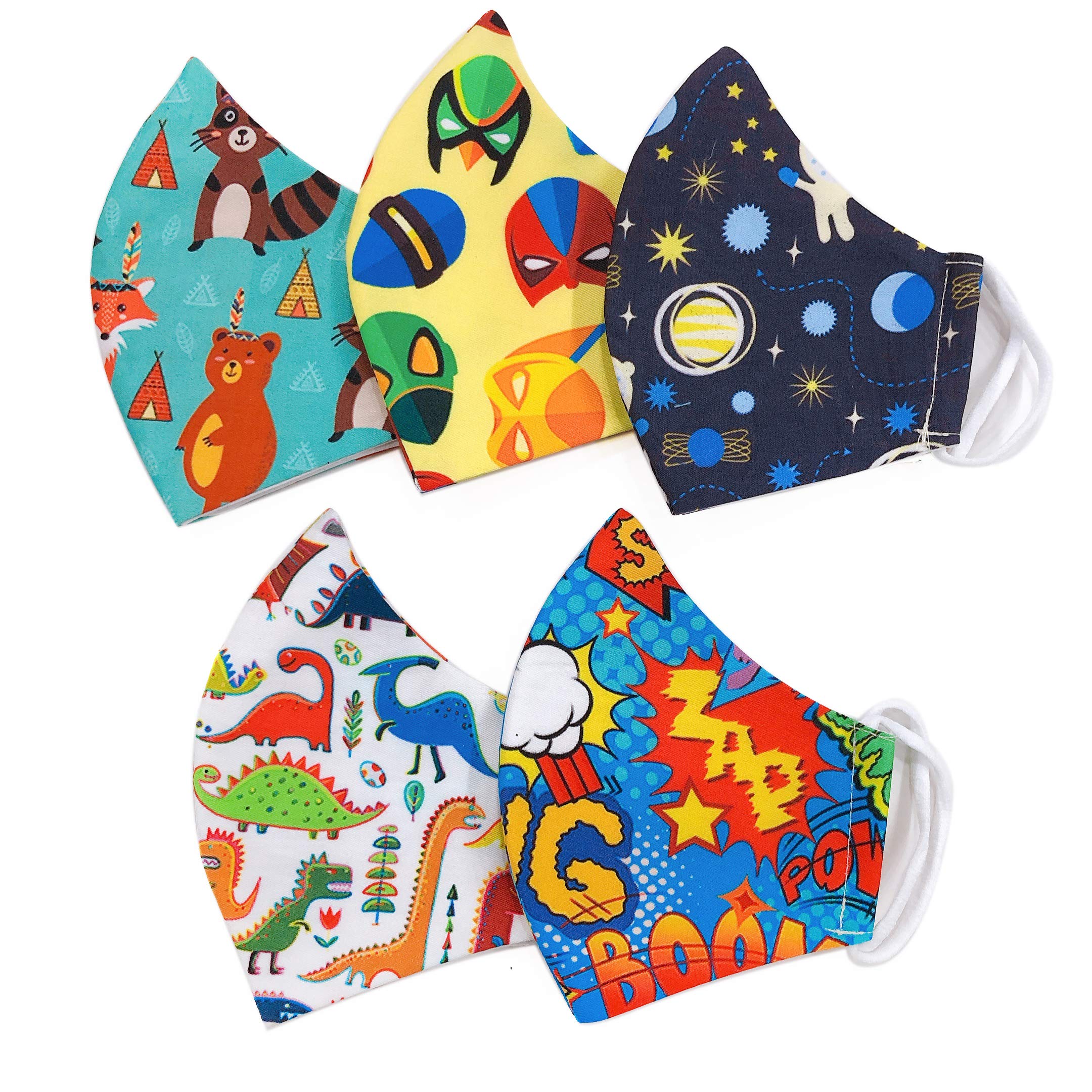 Cloth Face Mask 3-Ply Self Design 100% Mercerized cotton Floral and Geometric Printed Reusable Anti-Pollution Comfortable Half Face Mask for Kids- Pack of 5