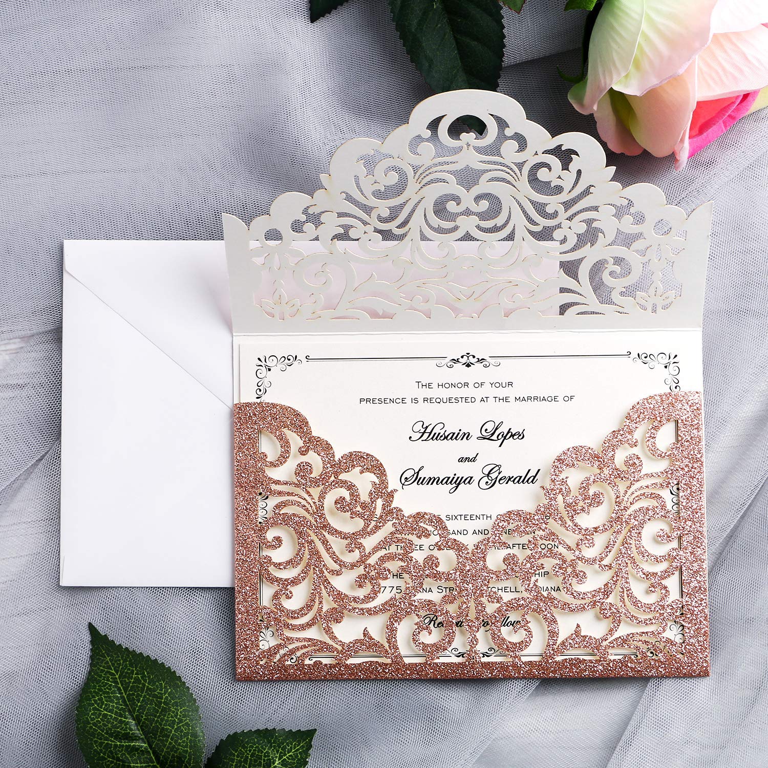 20 Pcs Laser Cut Wedding Invitation Card with Envelope for Wedding Quinceanera Bridal Shower Baby Shower Party Invite (Rose Gold Glitter)