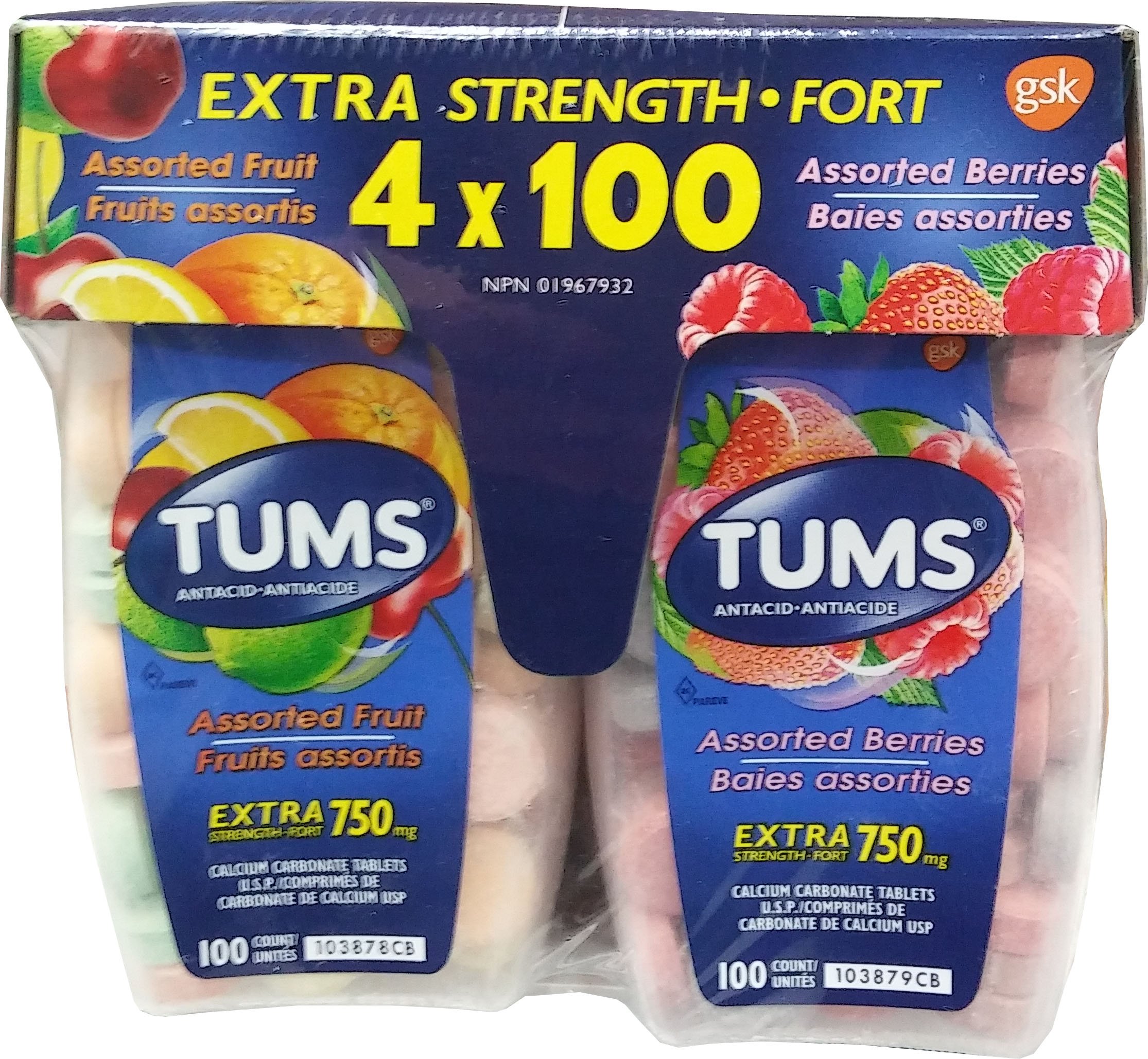 TUMS Antacid Chewable Tablets, Extra Strength, 4 x 100 Tablets