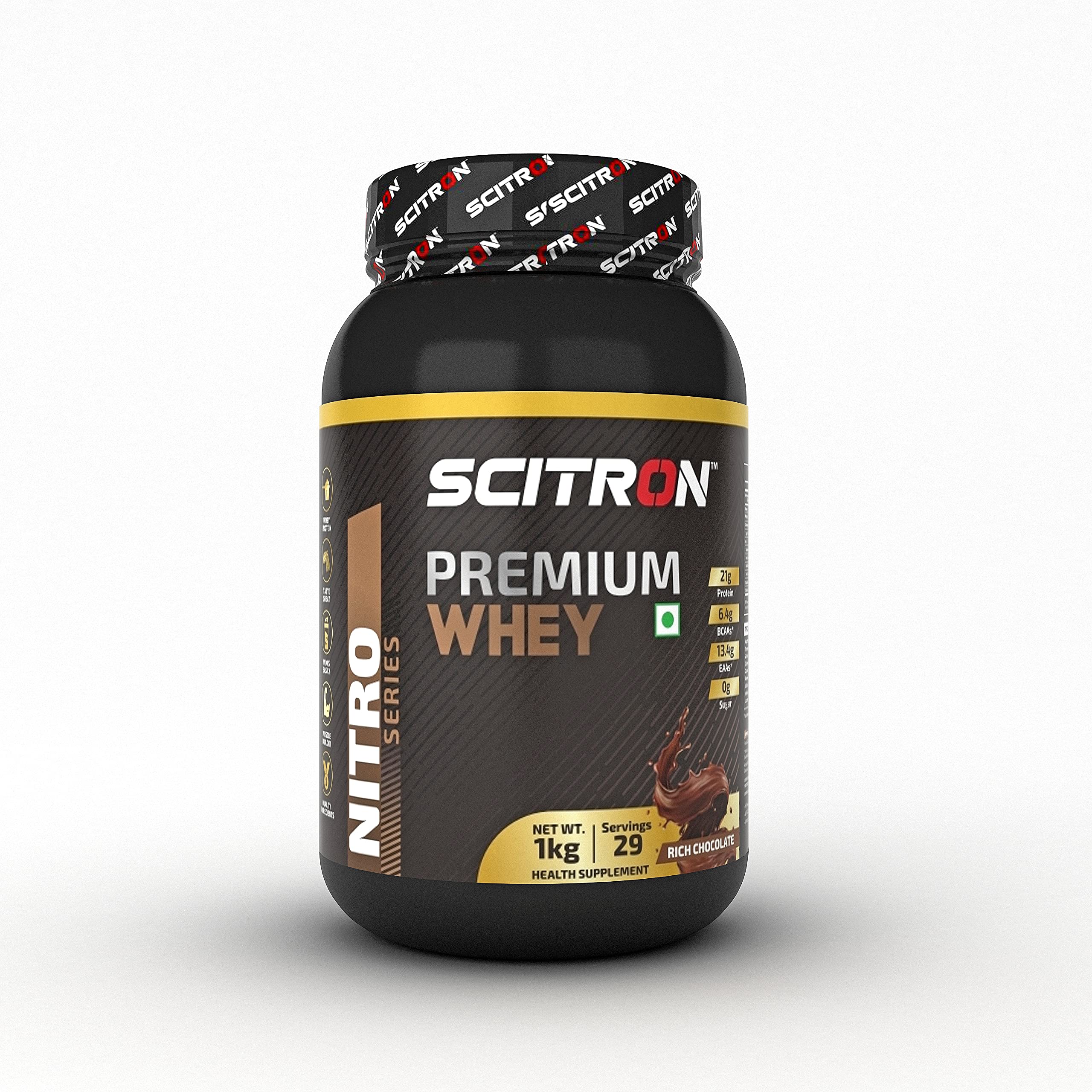 SCITRON Nitro Series PREMIUM WHEY (21g Protein, 6.4g BCAAs, 13.4g EAAs, 0g Sugar, 29 Servings) - 1kg (Rich Chocolate)