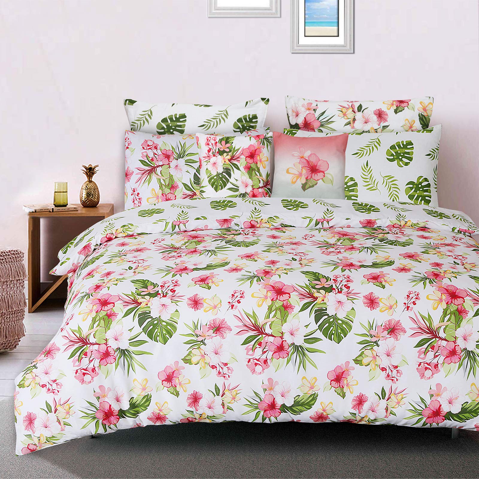 Nimsay Home Tropicana Floral 100% Cotton Duvet Cover Set Reversible Quilt Bedding with Pillowcases (White King)