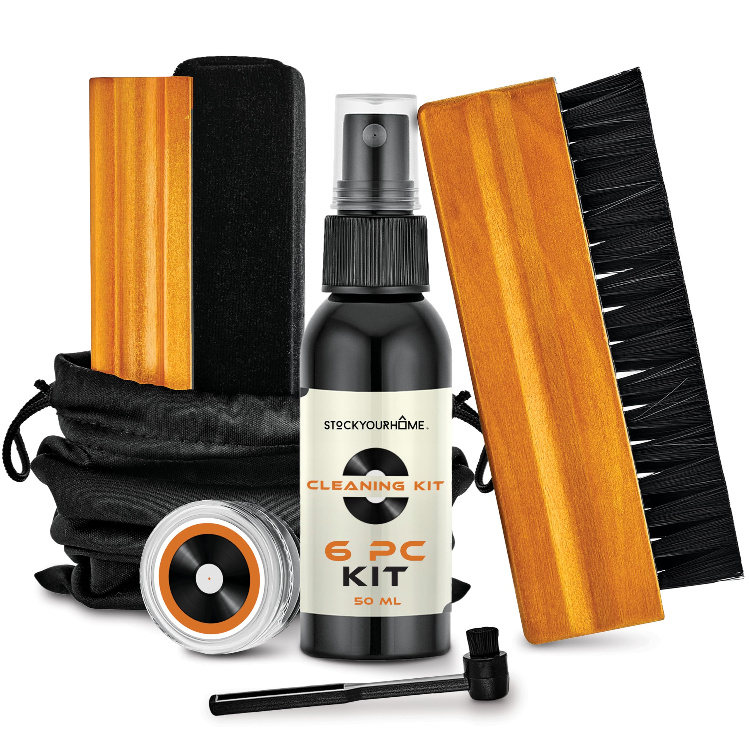 Stock Your Home6 Piece Vinyl Record Cleaning Kit, Includes Vinyl Cleaner Spray, Anti-Static & Velvet Vinyl Record Brush, Needle Cleaning Gel & Brush, and Drawstring Duster Bag