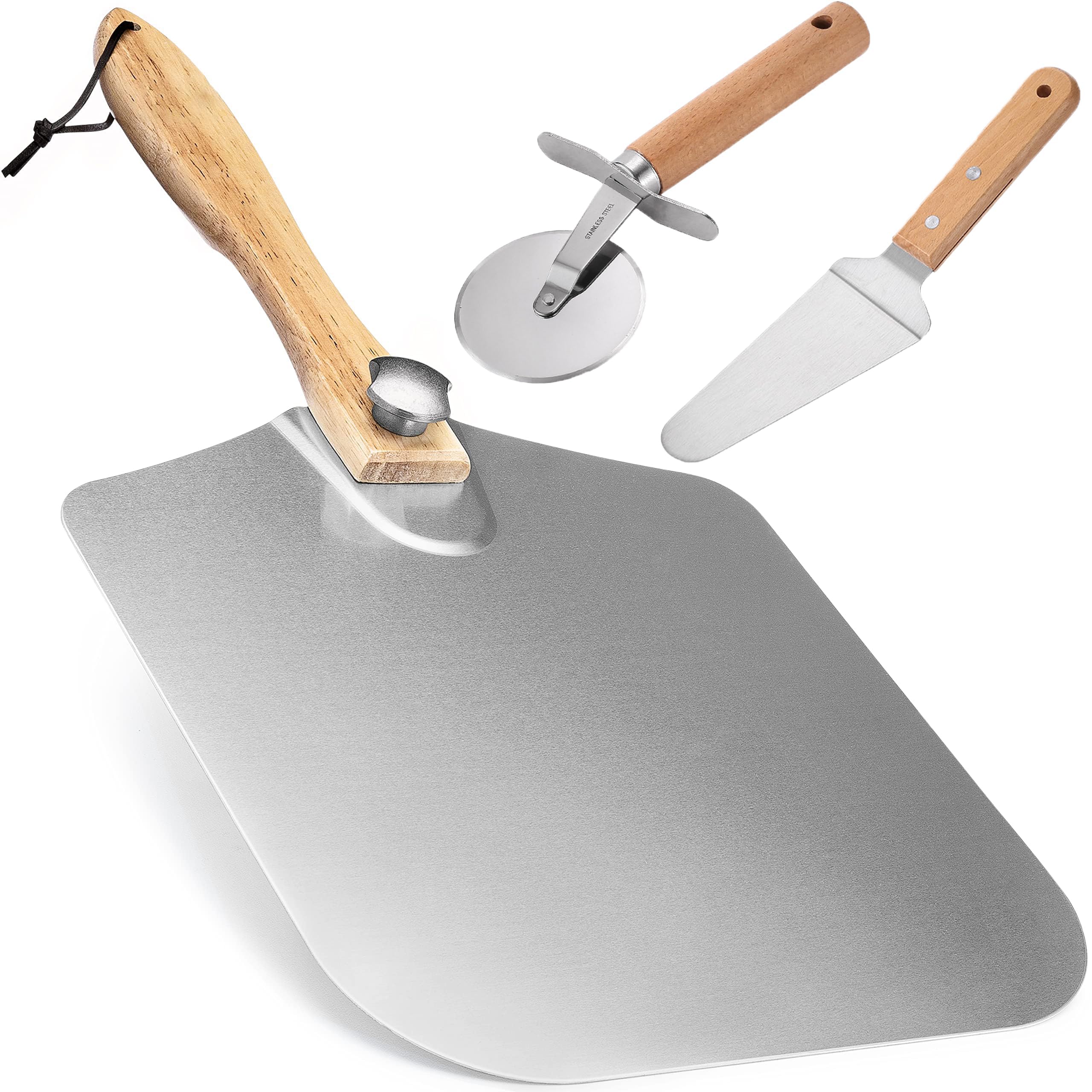 Stainless Steel Pizza Peel, 12 x 14 inch Square Metal Pizza Peel with Pizza Cutter Wheel and Pizza Shovel, 3 Pack Pizza Kit Easy to Clean for Baking Pizzas, Cakes, Biscuits, Bread, Pancakes at Home.