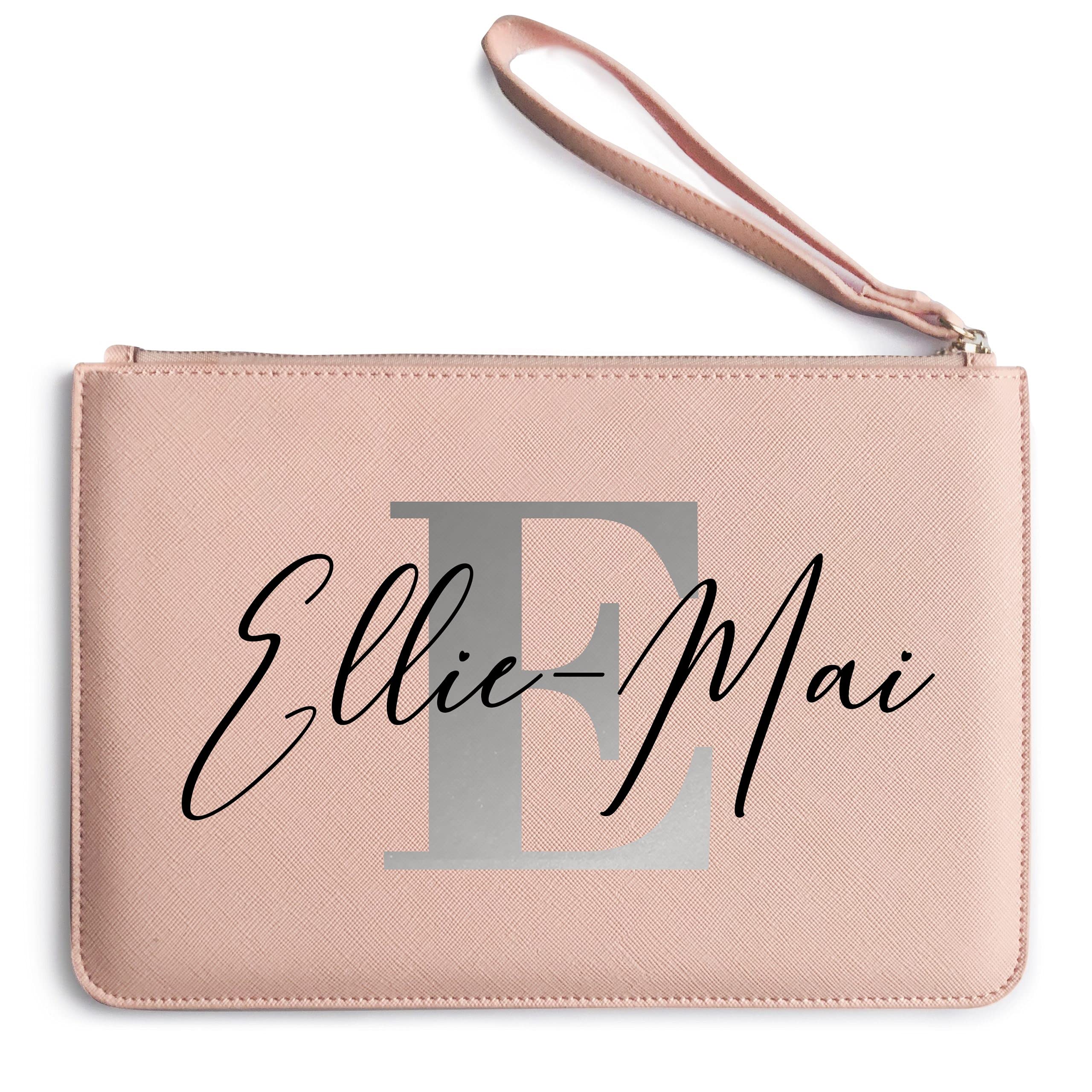 Womens Silver Name And Initial Clutch Bag - Personalised Birthday Add Your Name Purse Gift Idea For Her - Unique Anniversary Present