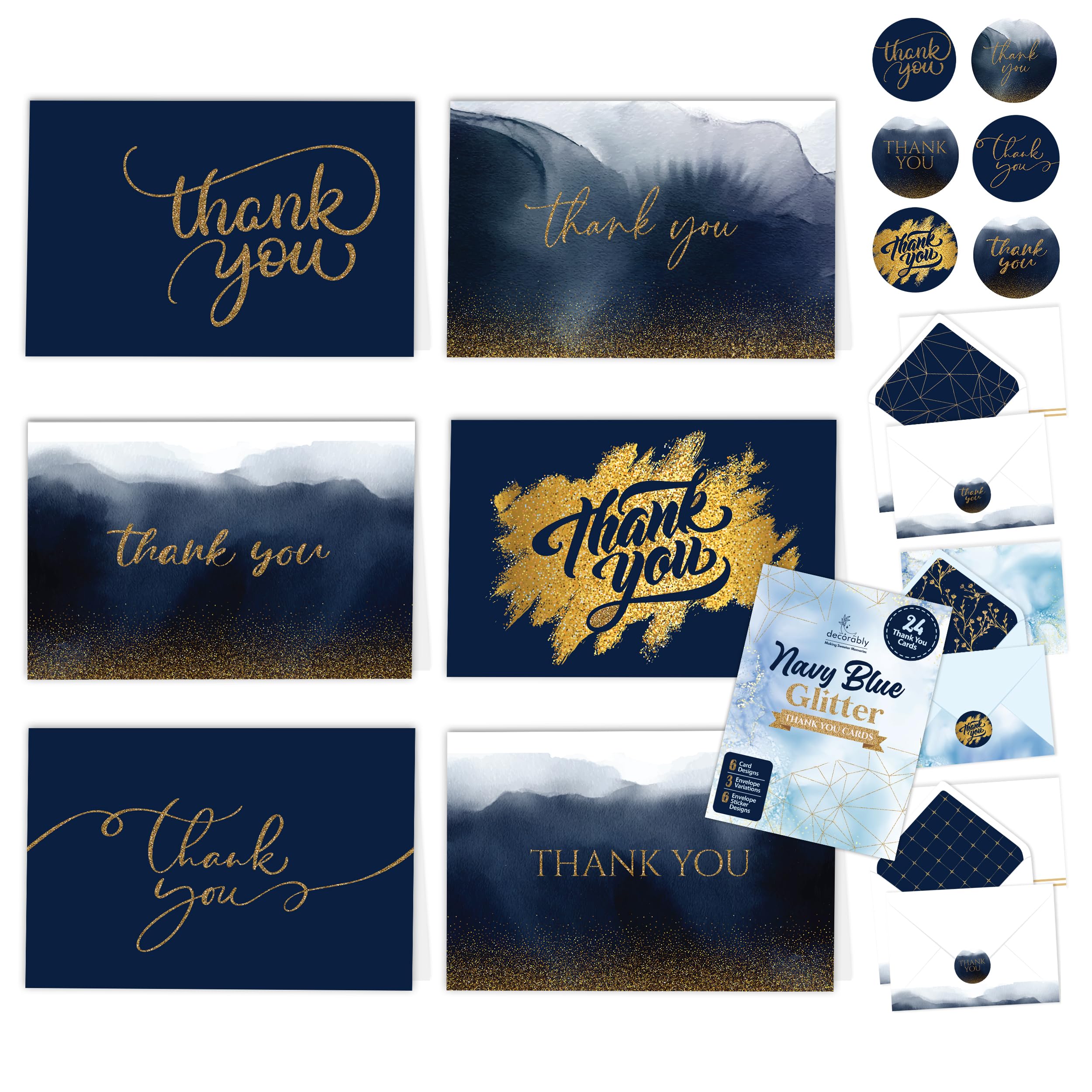 DecorablyNavy Blue Thank You Cards (GLITTER)