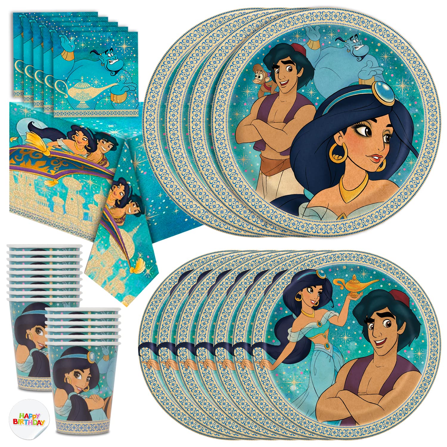 Princess Jasmine Party Decorations For 16. Princess Jasmine Plates and Napkins for Cake, Cups. Aladdin Birthday Party Supplies, with Genie, Magic Carpet Tablecloth, Abu, Jafar. Disney Licensed