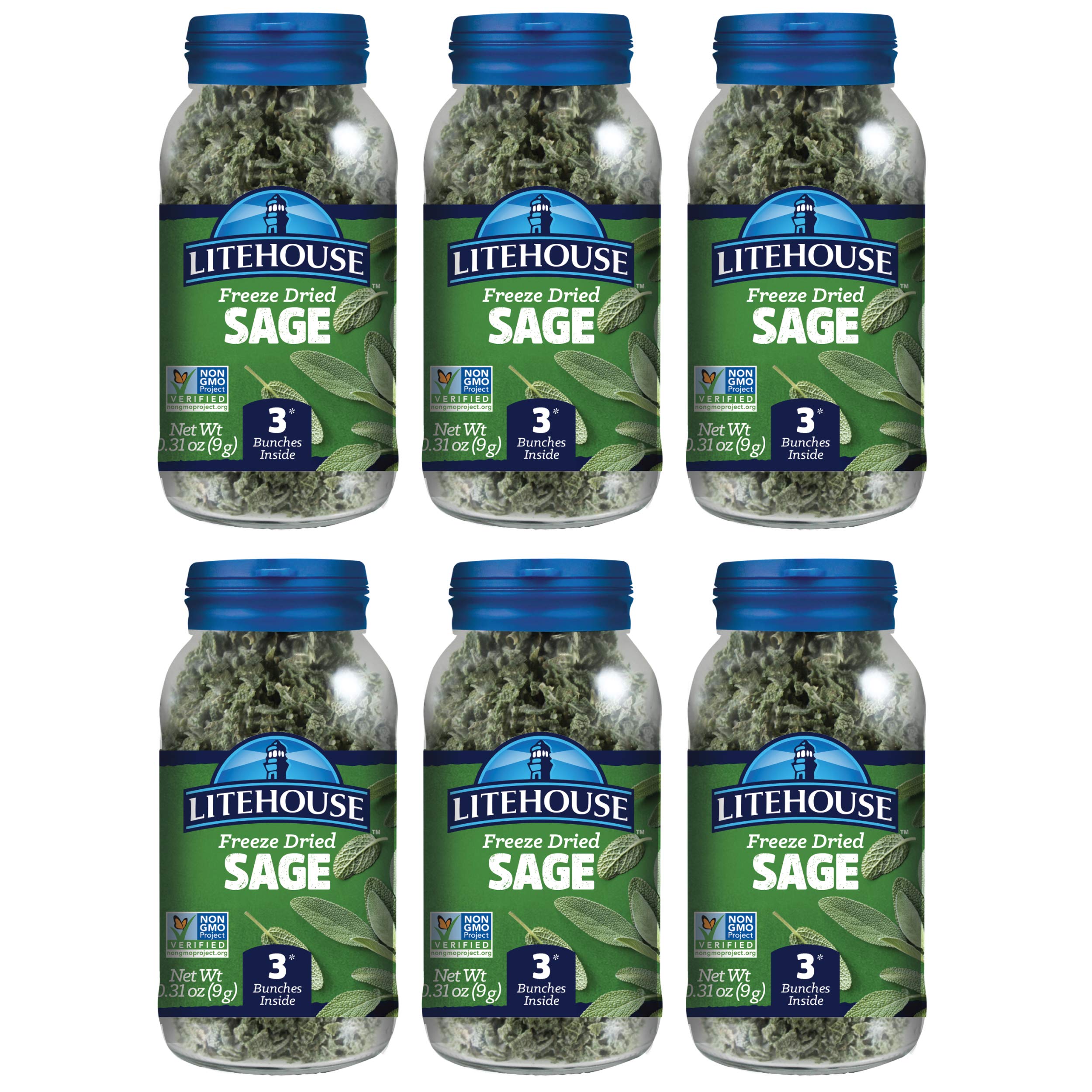 Litehouse Freeze Dried Sage - Substitute for Fresh Sage, Jar Equal to 2 Fresh Sage Bunches, Organic, Gluten Free, Keto Friendly, No Refrigeration, Gluten-Free - 0.30 Oz 6-Pack