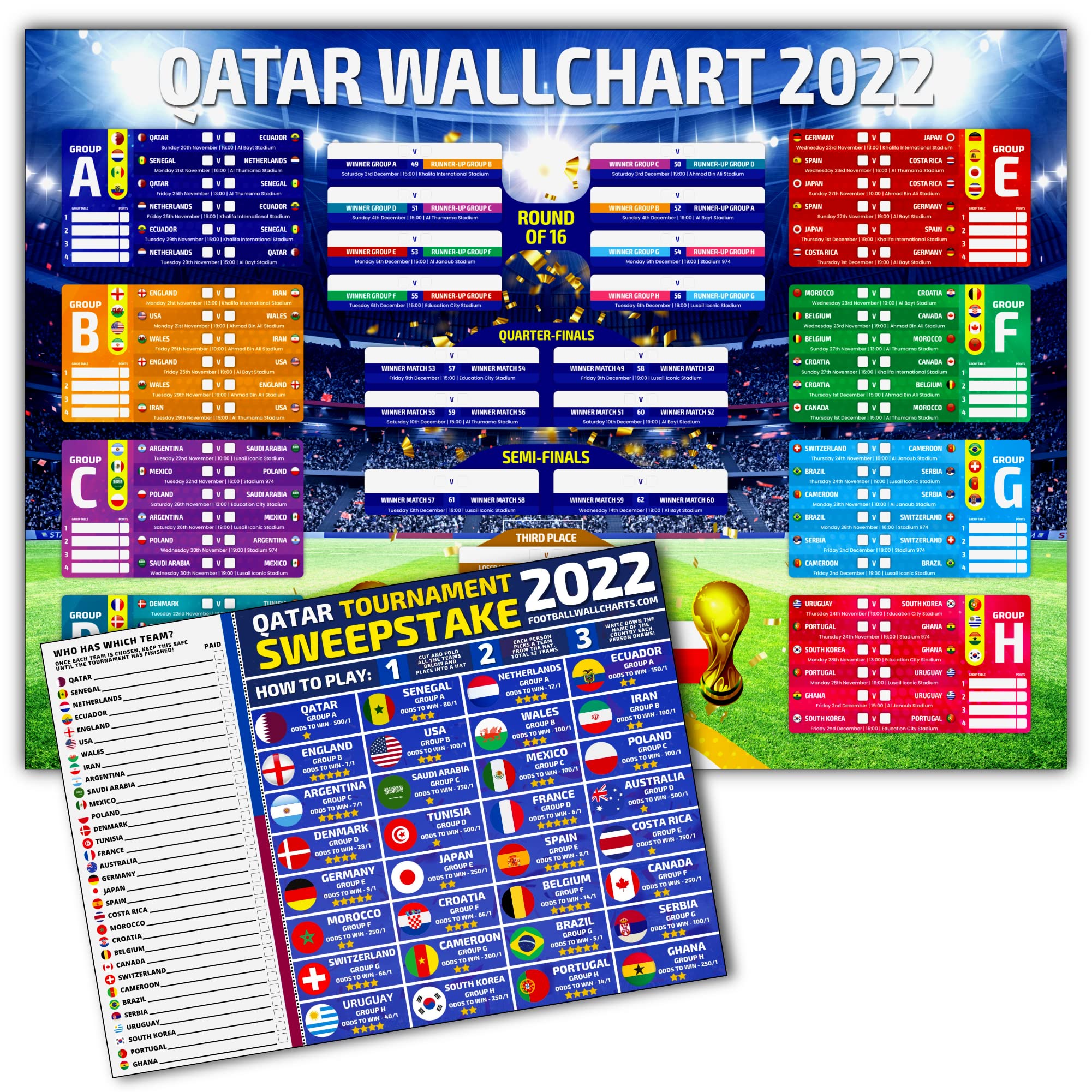 Tournament Wallchart + Qatar Sweepstake Kit - Track All The Scores - Physical Sweepstake Ideal For Offices, Schools, Bars and Family Fun (A1 Rolled x2 + Sweepstake)