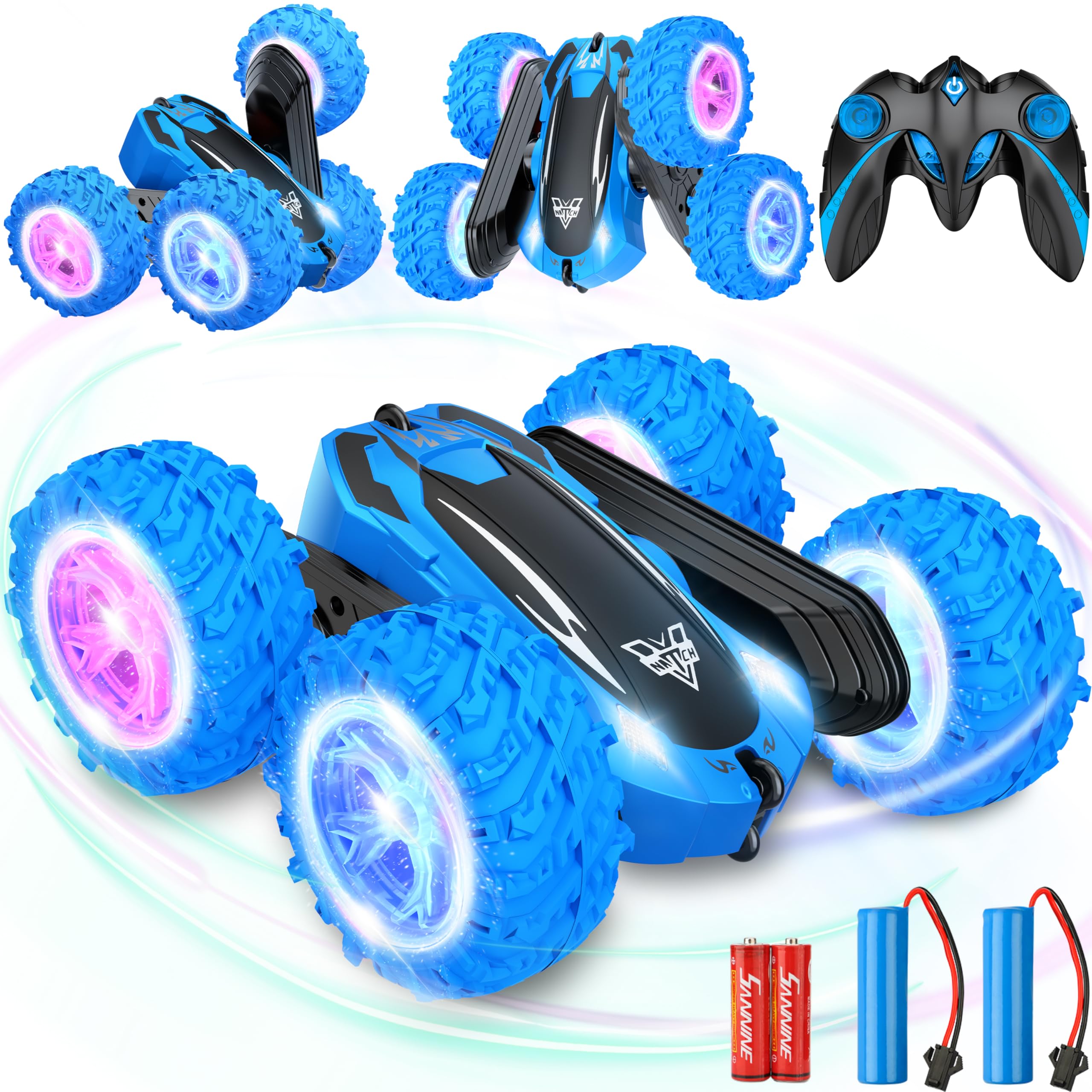 KKONES Remote Control car,2.4GHz Electric Race Stunt Car,Double Sided 360° Rolling Rotating Rotation, LED Headlights RC 4WD High Speed Off Road for 3 4 5 6 7 8-12 Year Old Boy Toys (Blue)