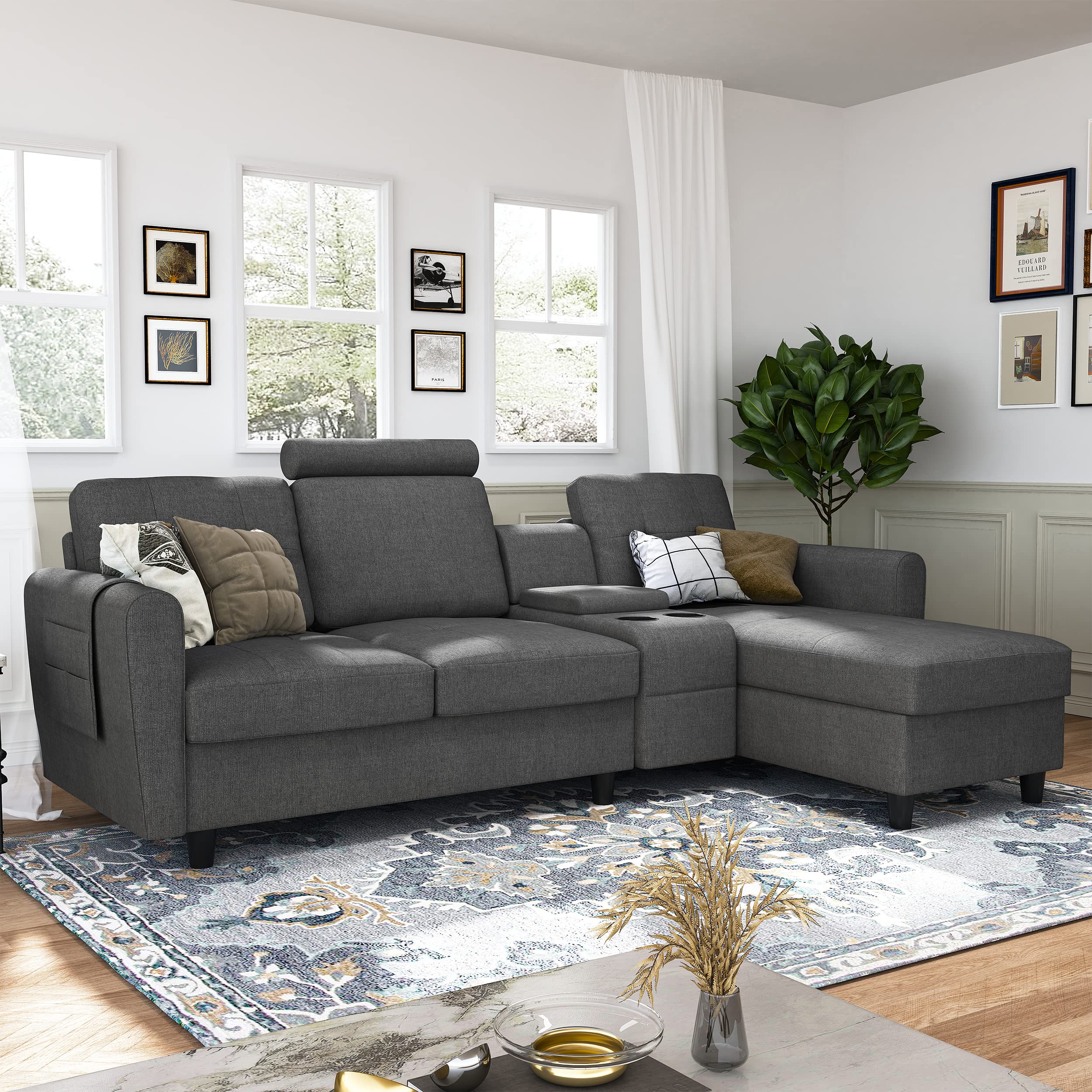 HONBAY Convertible Sectional Couch L Shaped Sofa with Chaise Modern Sectional Sofa with Cup Holders L Shaped Couch for Living Room, Dark Grey