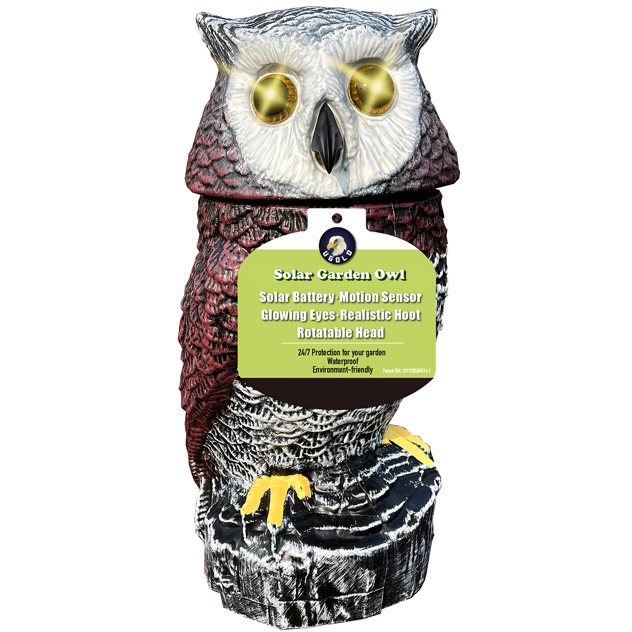 Solar Powered Garden Owl with Detection, Flashing Eyes, Rotating Head, Realistic Hoots and Silent Mode, Garden Sculpture, Plastic Owl Decoration for Home, Garden, Patio and Lawn