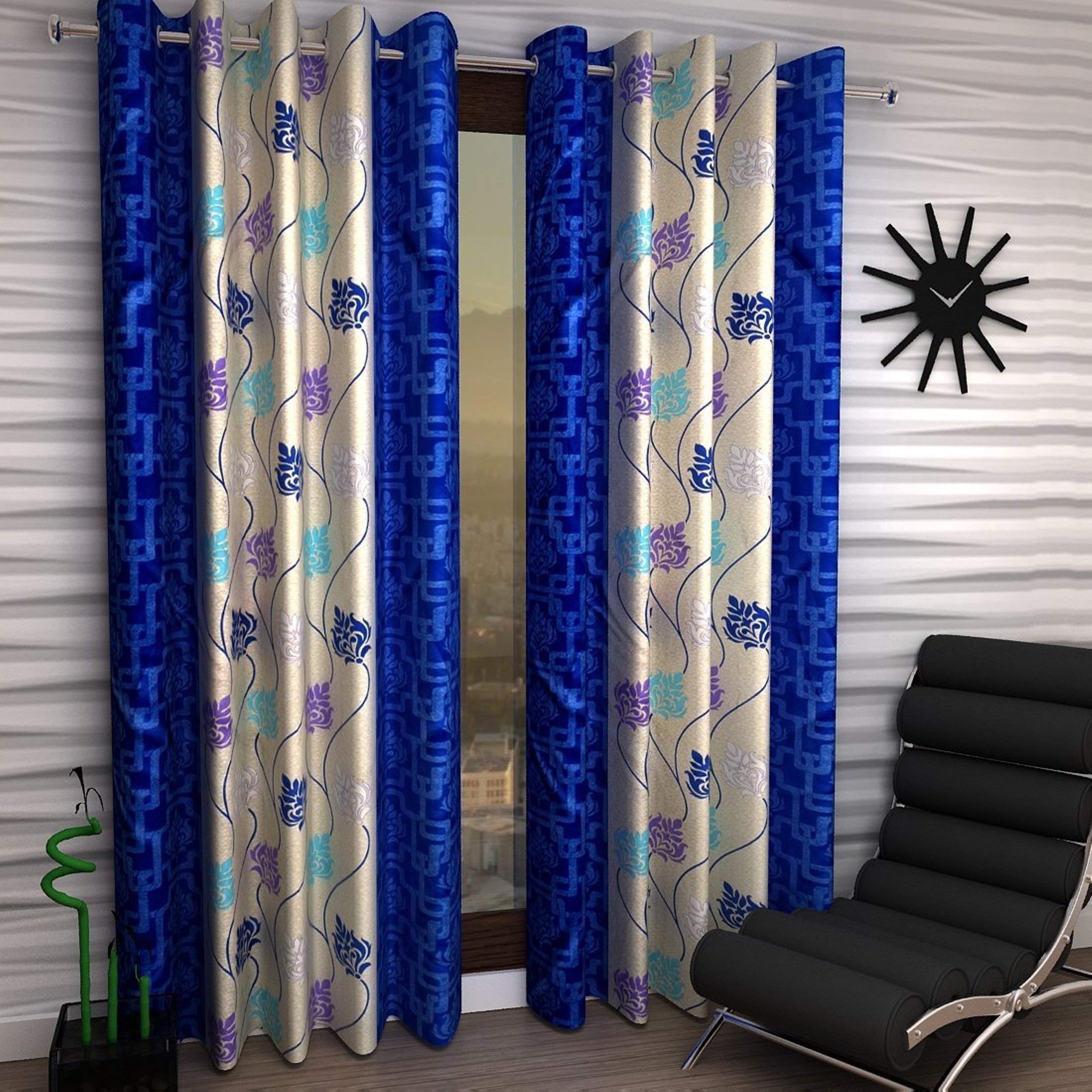 Brand Roots Modern Polyester Abstract Curtains for Window 5 feet, Pack of 2, Blue, (Blue, Window 5 Feet)