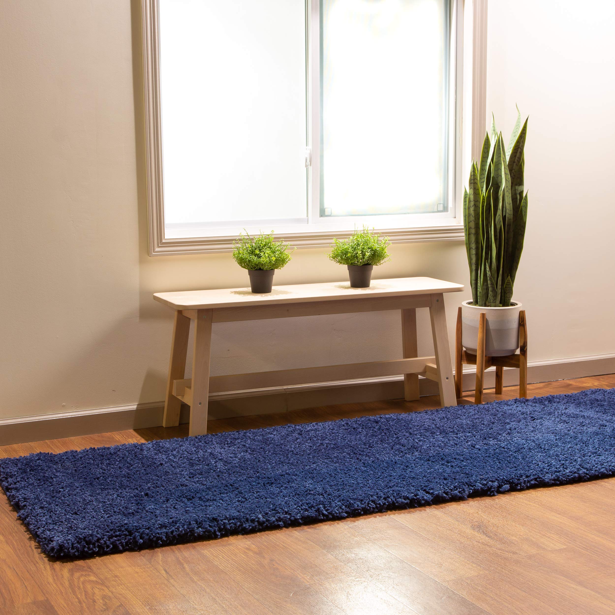 Super Area Rugs Fluffy & Soft Fiber Shag Rug Perfect for Living Rooms, Dining Rooms and Home Decor, Dark Blue, 2' 7" x 8' Runner