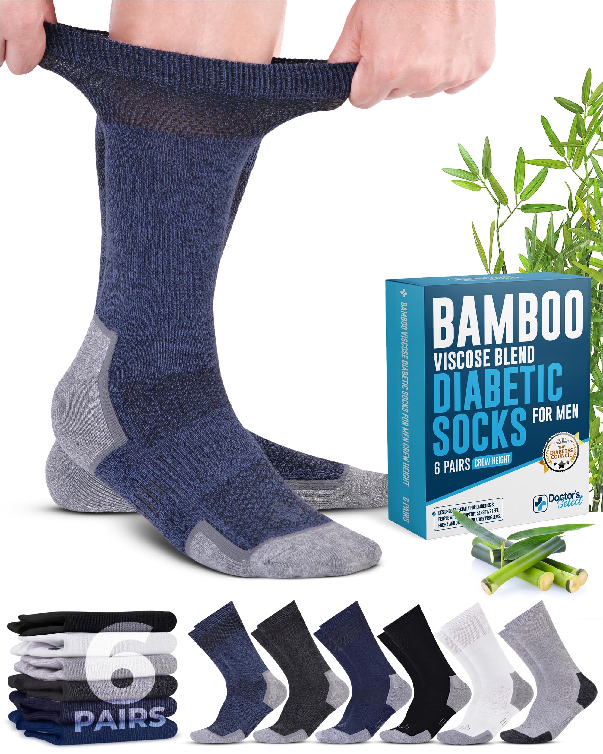 Doctor's Select Bamboo Viscose Diabetic Socks for Men - 6 Pairs Crew Mens Diabetic Socks | Diabetic Neuropathy Socks for Men | Socks for Diabetics Men | Black, White, Grey, Dark Grey, Navy, Blue