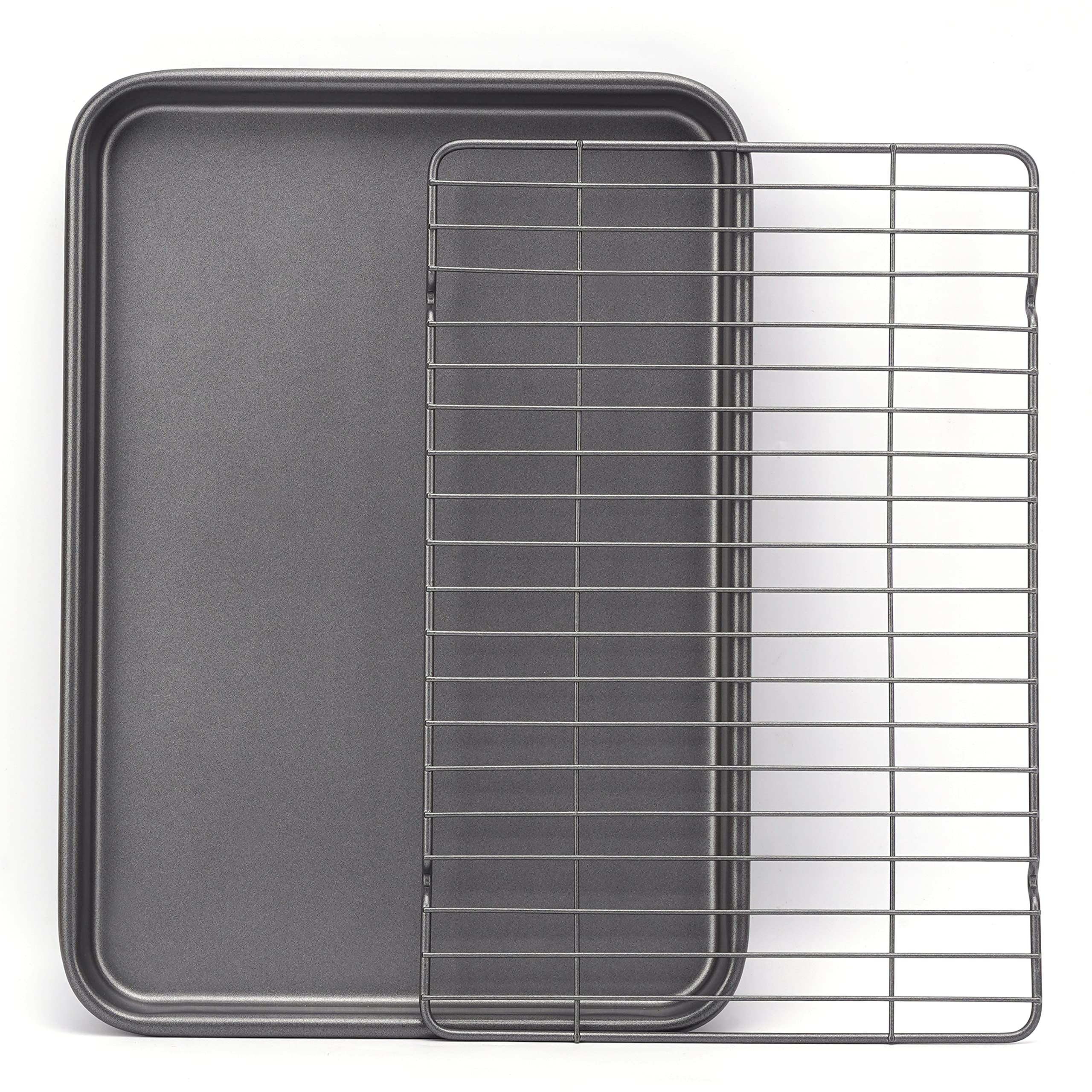 HYTK Baking Sheet with Cooling Rack Set 15.55x 10.63 Inch Nonstick Jelly Roller Pan Cookie Tray Thicken Carbon Steel No Warp Non Toxic Bakeware