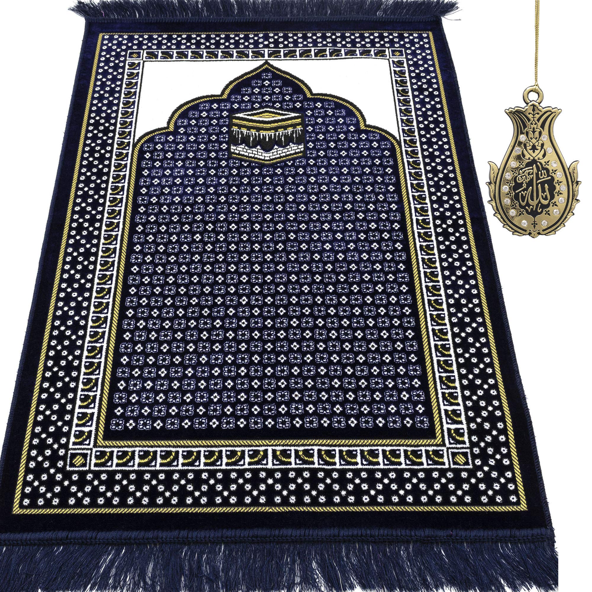 Modefa Turkish Islamic Prayer Rug - Thin & Lightweight Velvet Praying Carpet - Soft Muslim Praying Mat Janamaz - Ramadan or Eid Gift for Men & Women - with Car Hanger - Dancing Rose Vine (Blue)