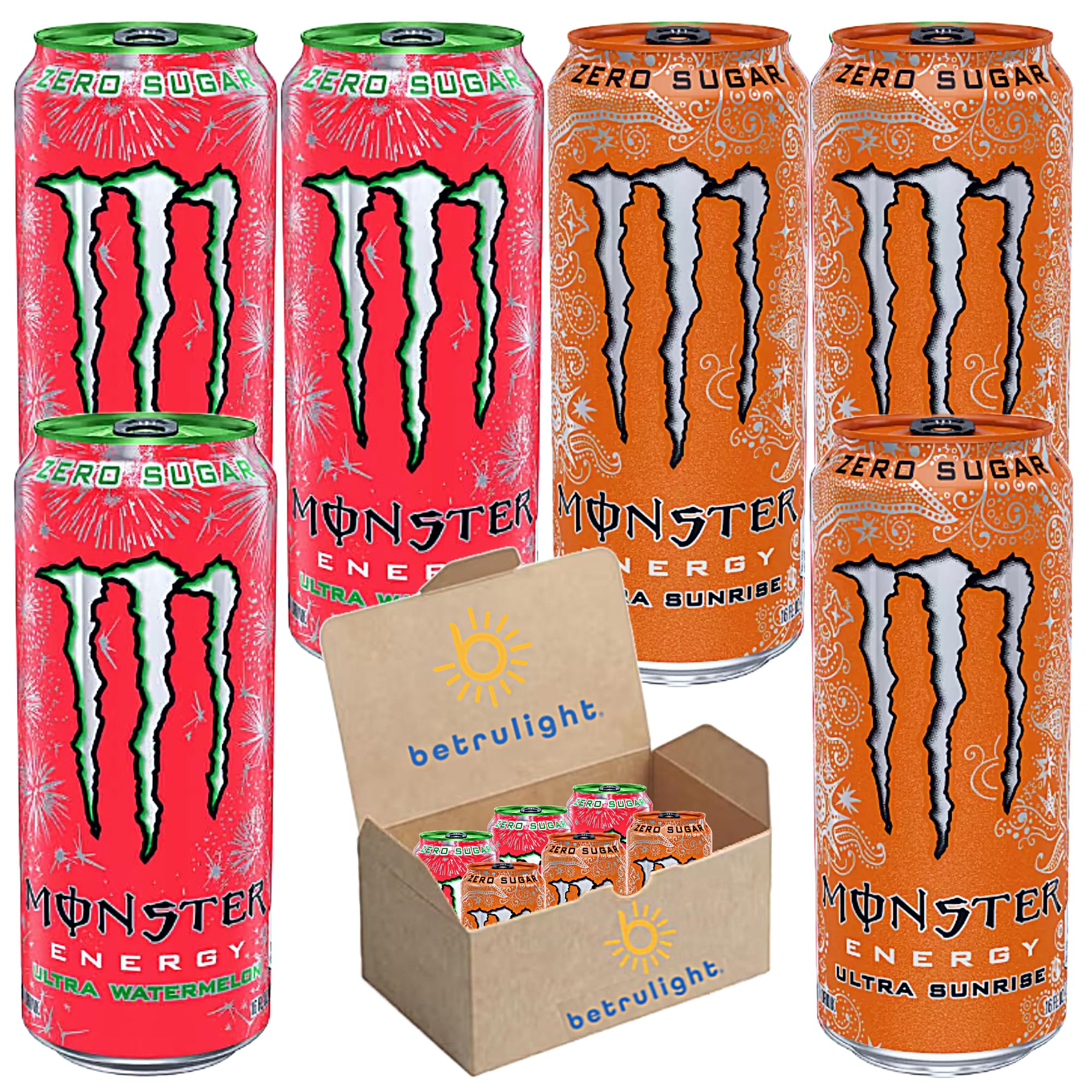 Monster Energy Zero Sugar | Sugar Free Energy Drink | Ultra Variety Pack | Pack of 6 | Every Order is Elegantly Packaged in a Signature BETRULIGHT Branded Box | (16 Fl oz, Ultra Sunrise, Ultra Watermelon)