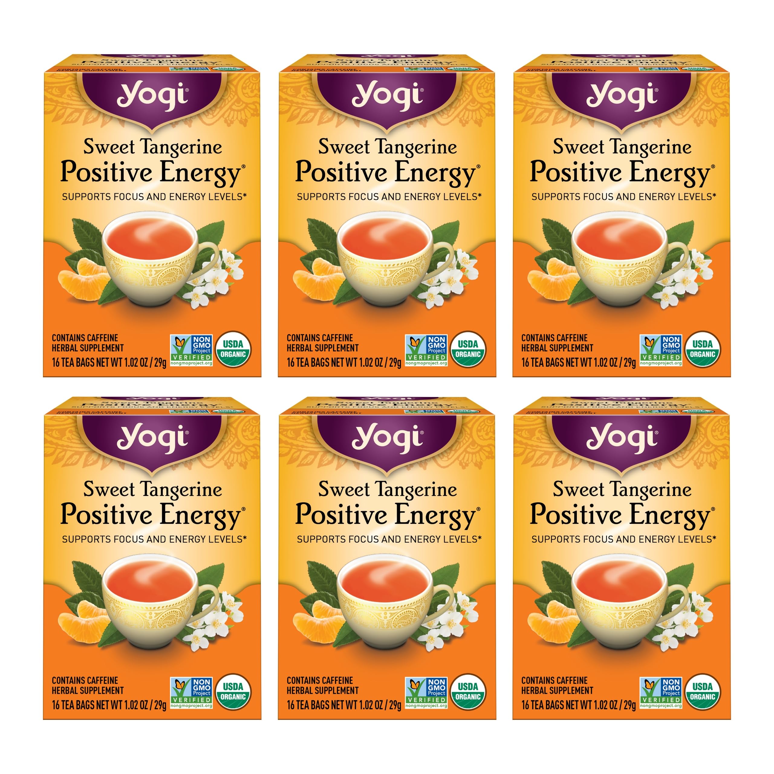 Yogi Sweet Tangerine Positive Energy Tea - 16 Tea Bags per Pack (6 Packs) - Organic Tangerine Energy Tea - Includes Black Tea Leaf, Yerba Mate Leaf, Ashwagandha Root & More