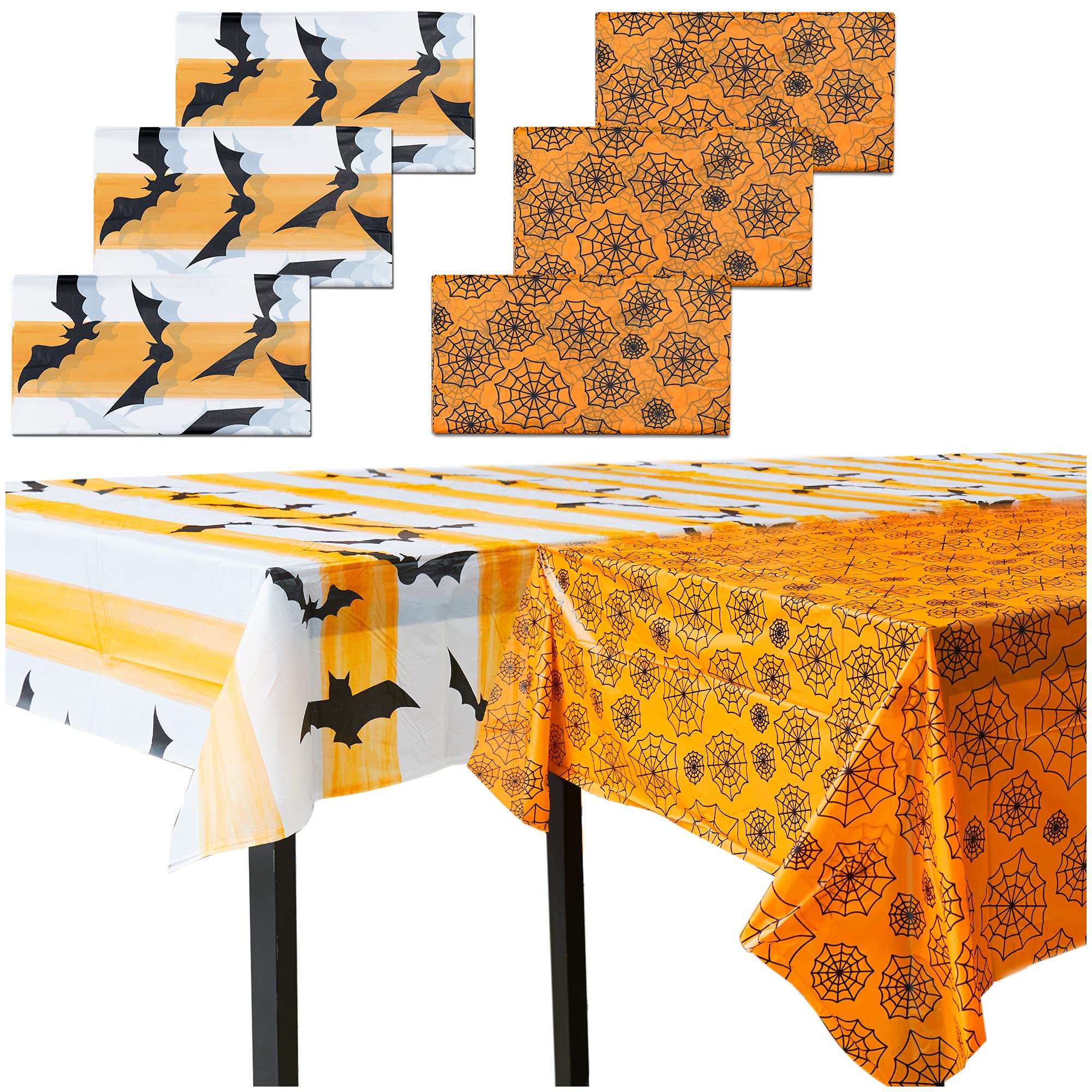 Halloween Tablecloth, 6-Pack Disposable Halloween Table Cloths, Bats and Spider Web Plastic Table Covers, 54 x 108 Inches, Halloween Party Decorations