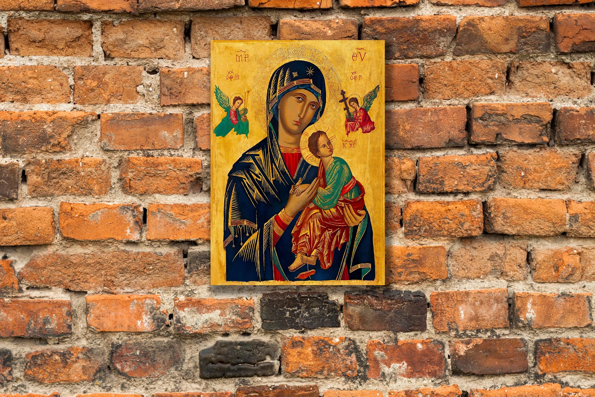 Virgin Mary Awesome Protection"Fovera Prostasia" with Jesus Greek Byzantine Orthodox Christian Icon Wrapped Print on Canvas, Size: 7” x 5” (13cm x 18cm)