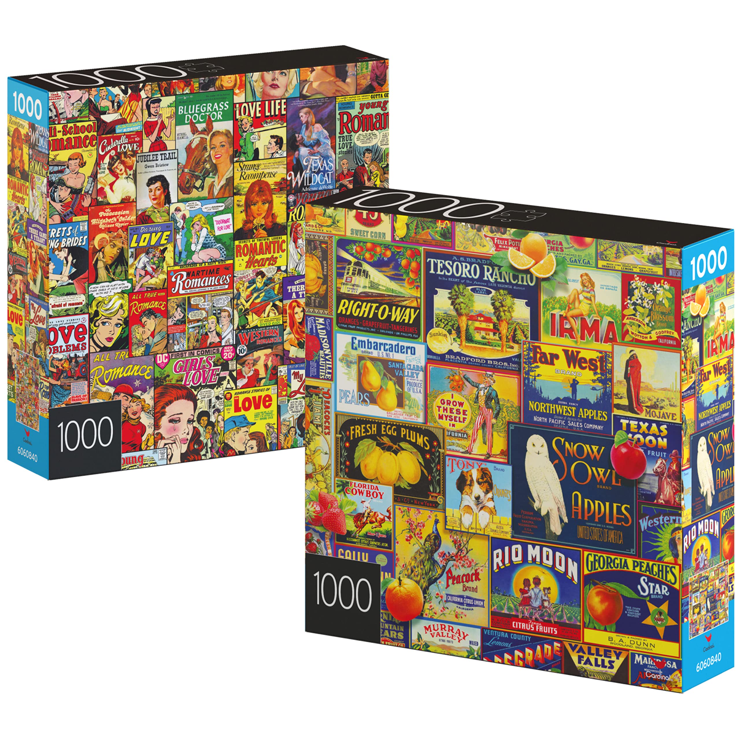 Spin Master Games, 1000-Piece Jigsaw Puzzles 2-Pack, Retro Comics & Fruit Labels Puzzles, Puzzles for Adults, for Teens, for Ages 8+